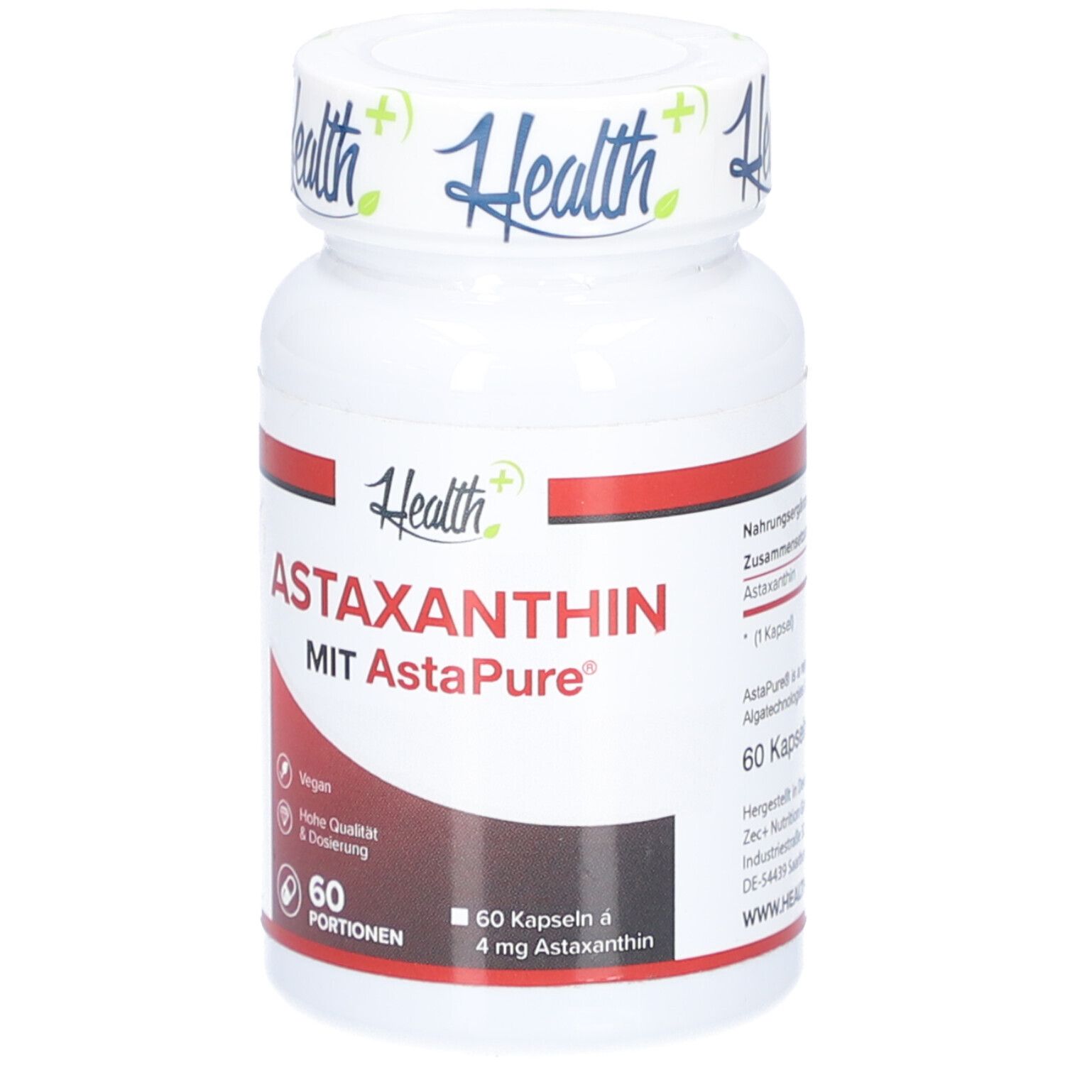 Flacon blanc avec bande rouge. Inscription: ASTAXANTHIN, 60 portions, 60 gélules à 4 mg d'astaxanthine. Marque: Health+.