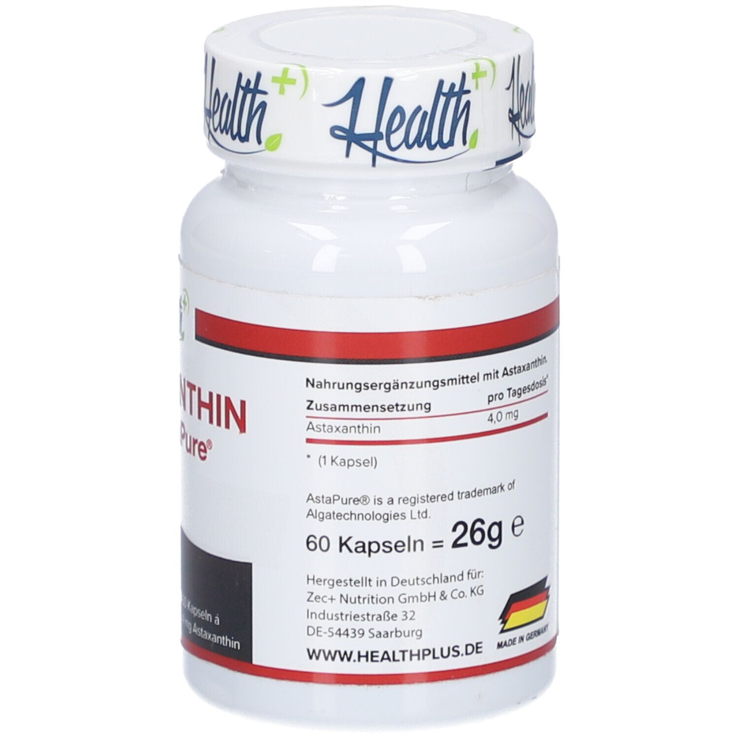 Dos de la bouteille blanche. Texte: Composition, 4,0 mg par dose quotidienne. Fabriqué en Allemagne. Marque: Health+.