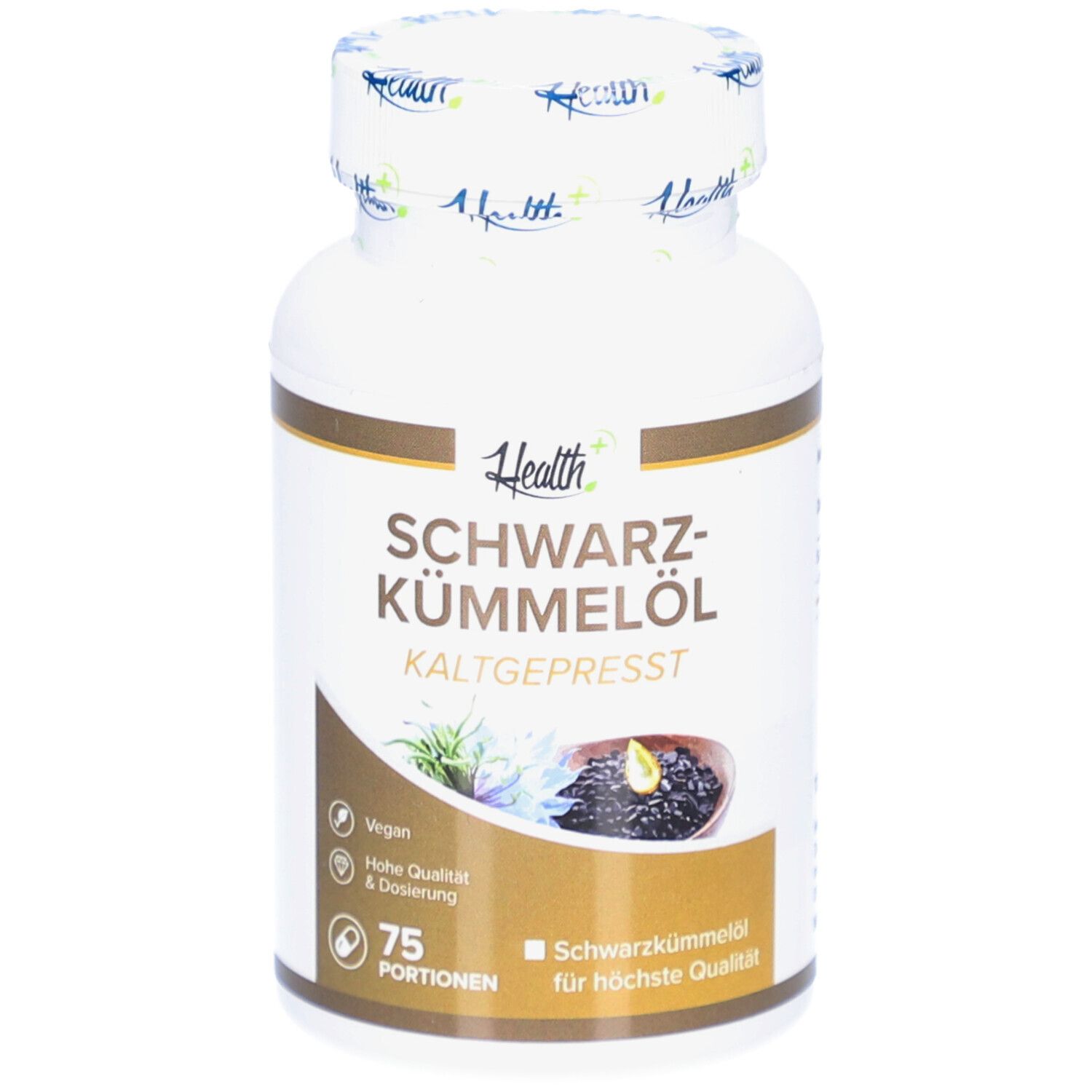 Weiße Flasche mit HEALTH+ SCHWARZKÜMMELÖL. Aufschrift: KALTGEPRESST, 75 Portionen. Vegan-Siegel.