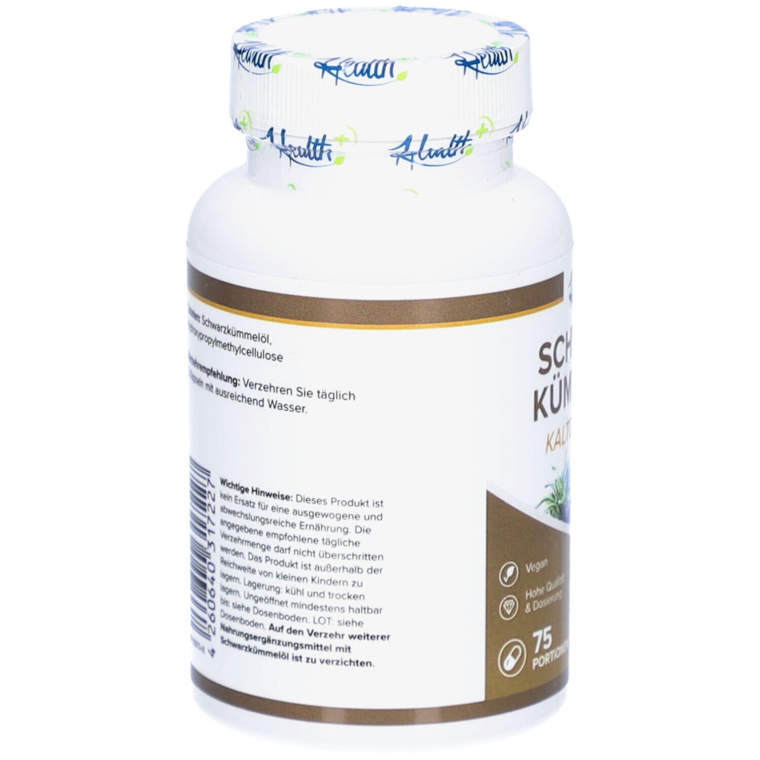 Rückseite der weißen Flasche HEALTH+ SCHWARZKÜMMELÖL. Text: Verzehrempfehlung, wichtige Hinweise.