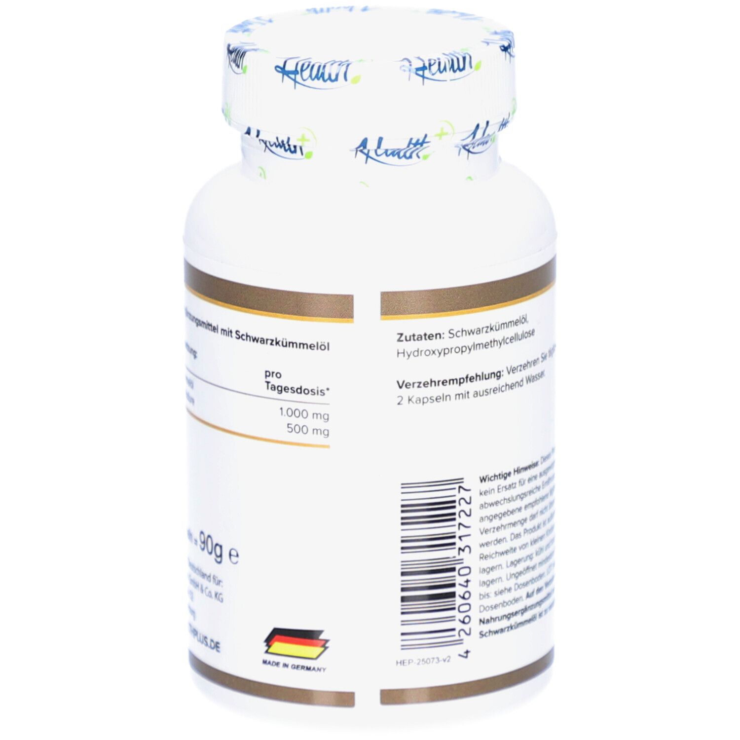 Rückseite der weißen Flasche HEALTH+ SCHWARZKÜMMELÖL. Text: Zutaten, Nährwertangaben, hergestellt in Deutschland.