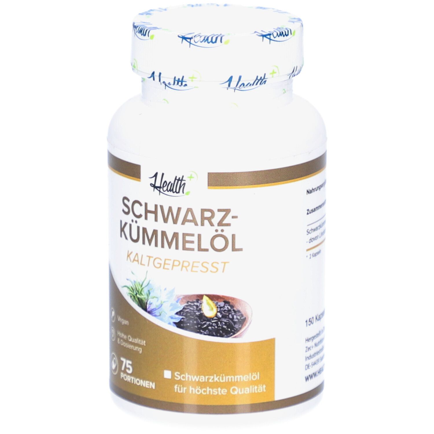 Weiße Flasche HEALTH+ SCHWARZKÜMMELÖL. Aufschrift: KALTGEPRESST, 150 Kapseln. Vegan-Siegel.