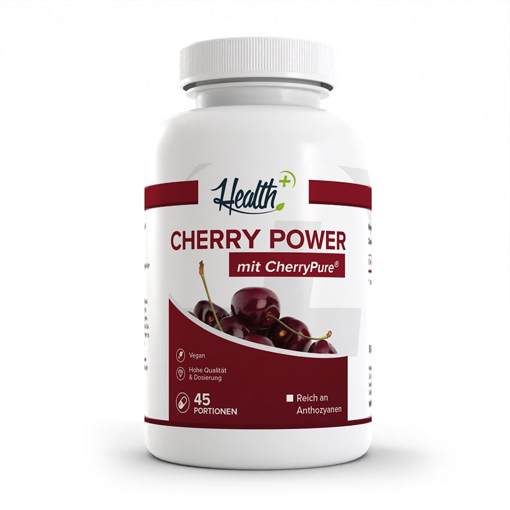 HEALTH+ CHERRY POWER Kapseln mit 45 Portionen und ganzen Kirschen abgebildet.