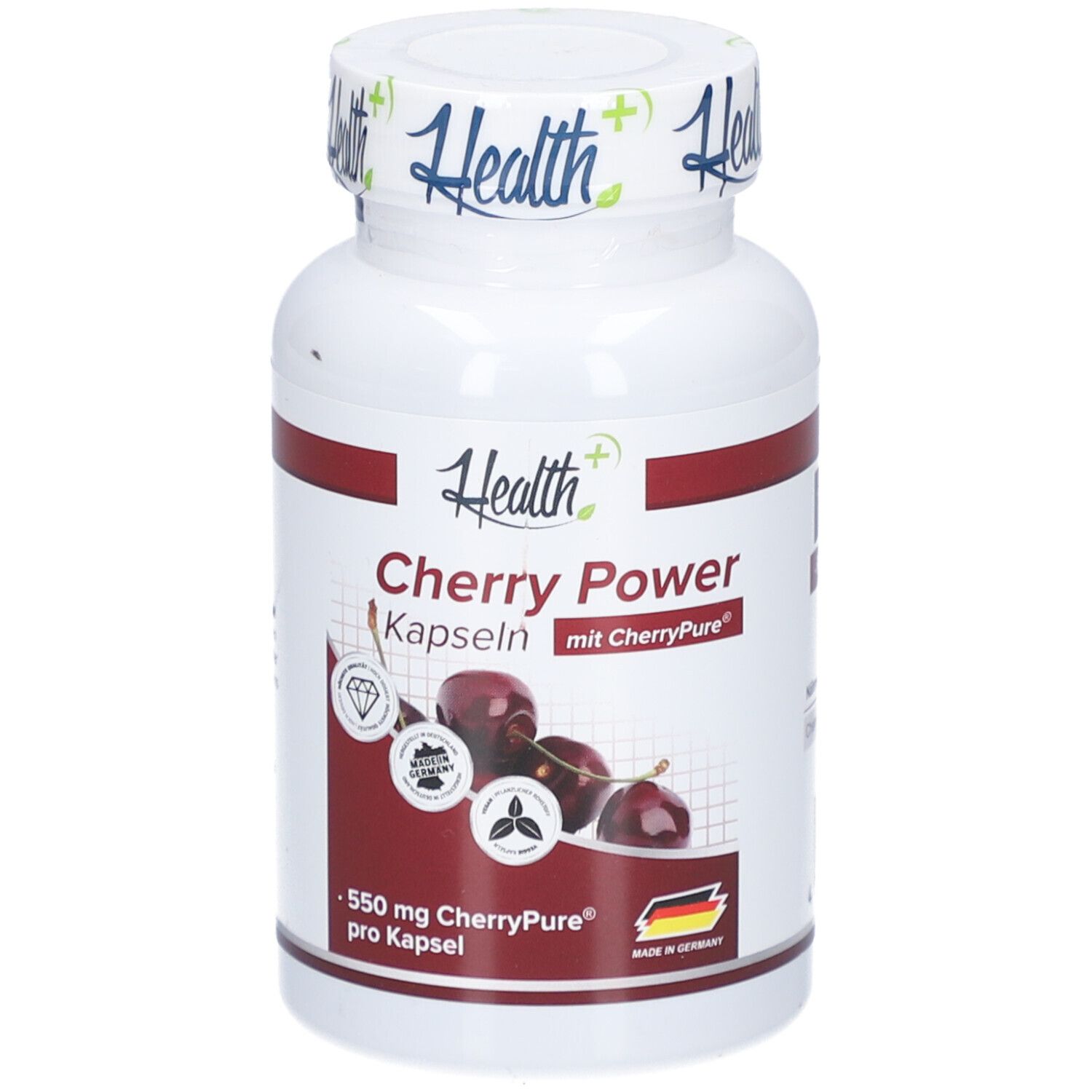 Flacon blanc avec bande rouge. Inscription : Health+, Cherry Power Kapseln. Illustration de cerises. 550 mg CherryPure par capsule.