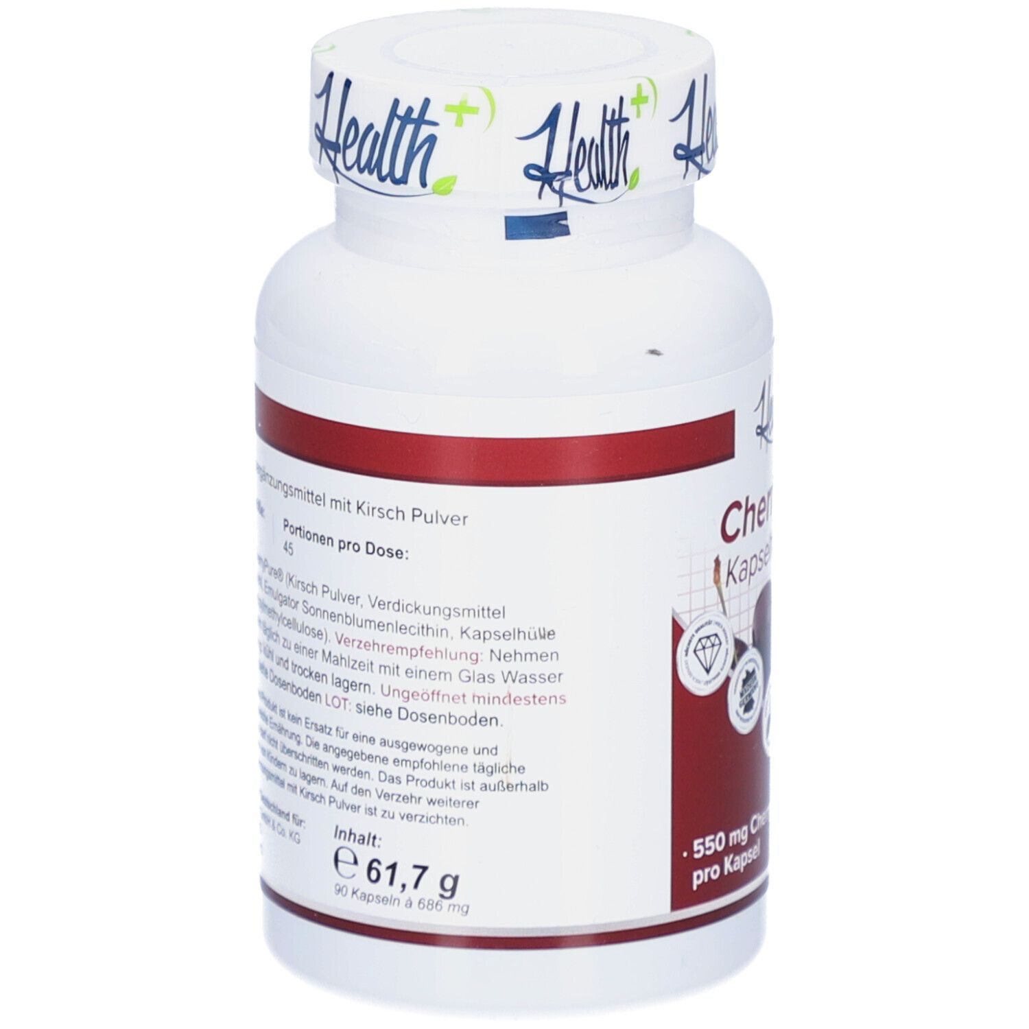 Flacon blanc avec bande rouge. Inscription : Health+, Cherry Power Kapseln. Dos avec informations sur les ingrédients et la valeur nutritionnelle. 90 gélules.