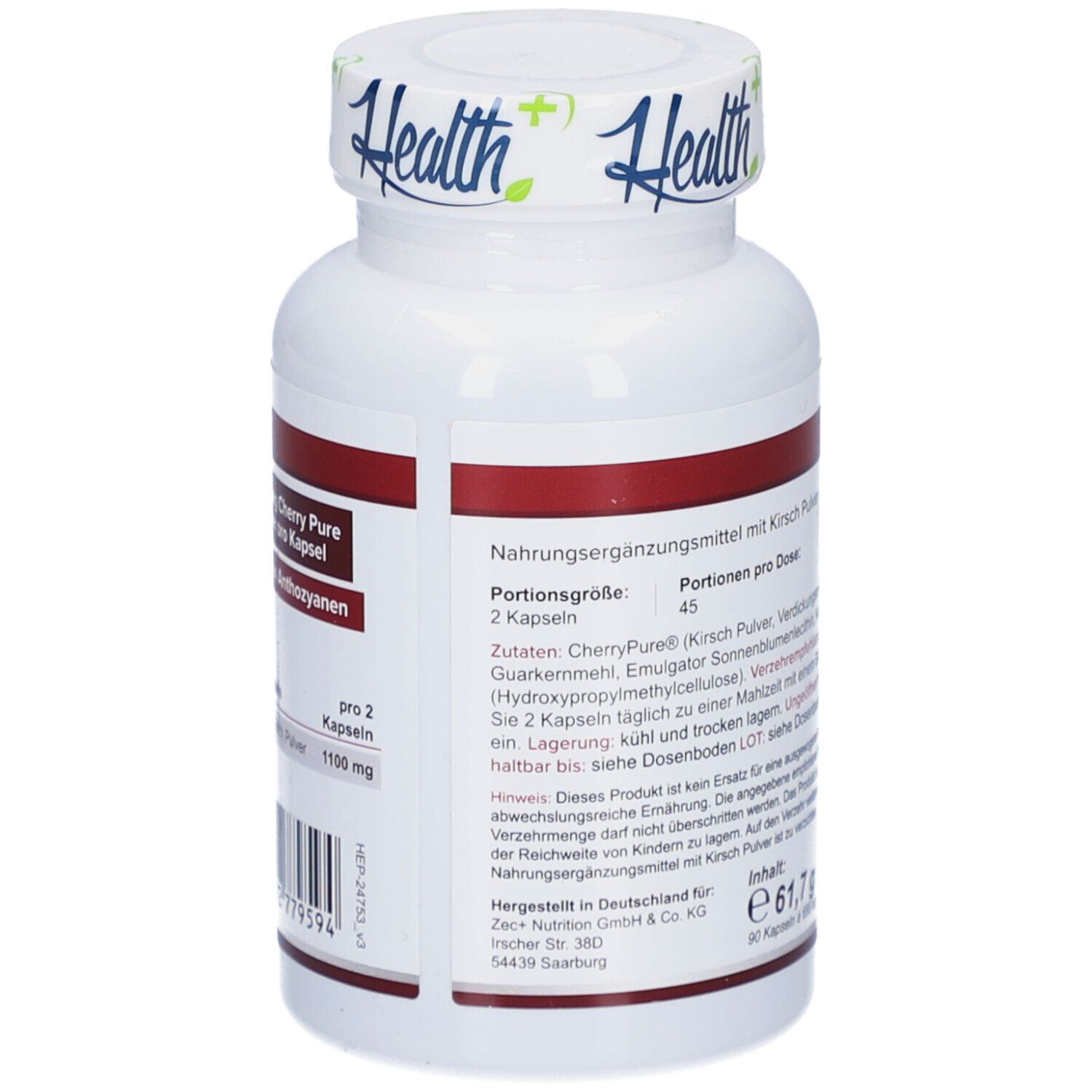 Flacon blanc avec bande rouge. Inscription : Health+, Cherry Power Kapseln. Dos avec informations sur les ingrédients et la valeur nutritionnelle. 90 gélules.