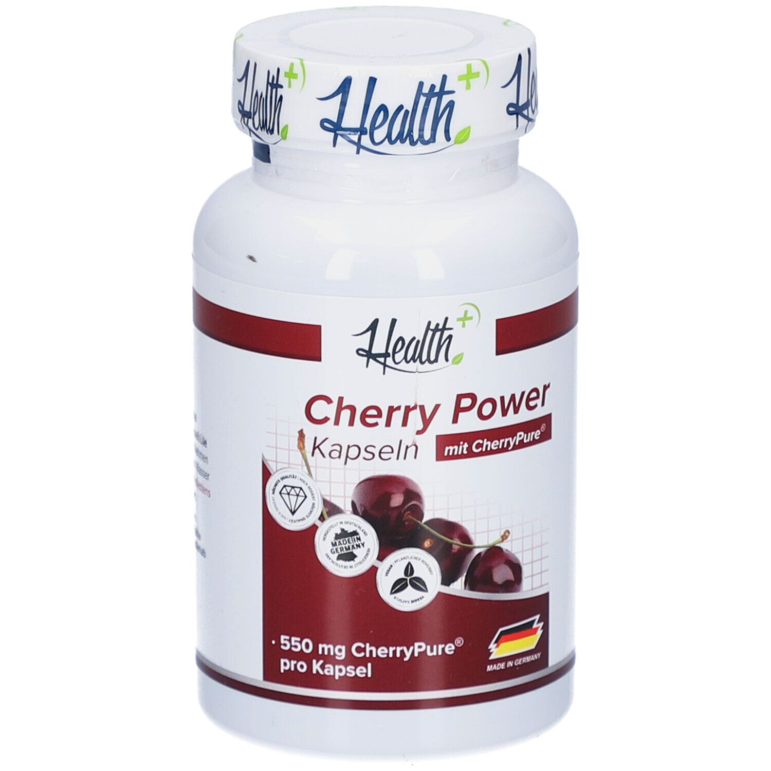 Flacon blanc avec bande rouge. Inscription : Health+, Cherry Power Kapseln. Illustration de cerises. 550 mg CherryPure par capsule.