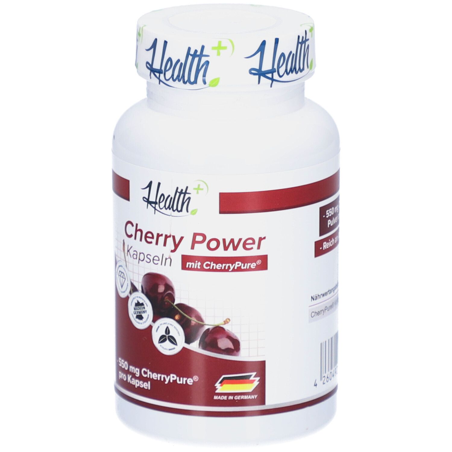 Flacon blanc avec bande rouge. Inscription : Health+, Cherry Power Kapseln. Illustration de cerises. 550 mg CherryPure par capsule. Fabriqué en Allemagne.