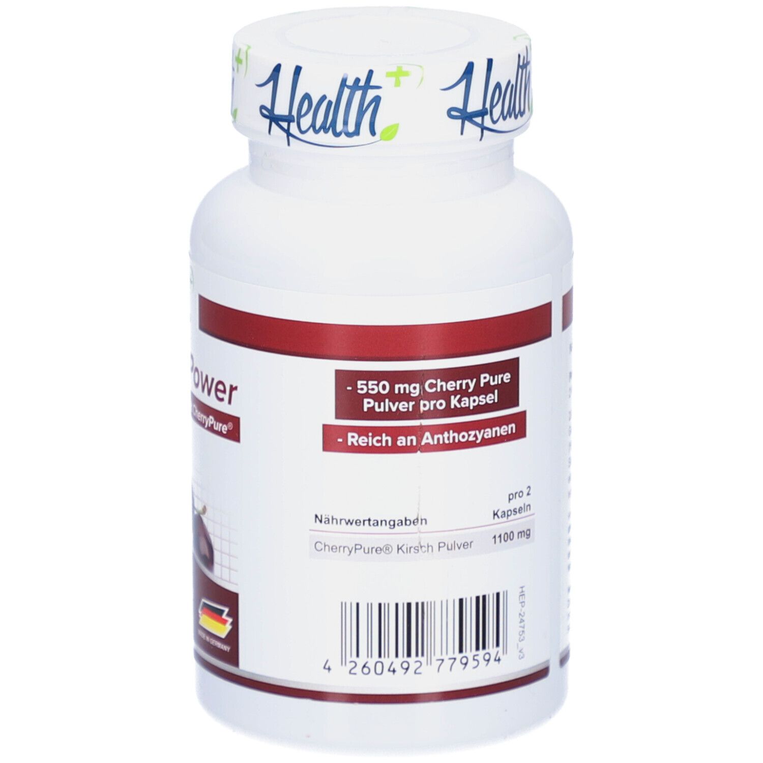 Flacon blanc avec bande rouge. Inscription : Health+, Cherry Power Kapseln. Dos avec informations sur les ingrédients et la valeur nutritionnelle. Fabriqué en Allemagne.