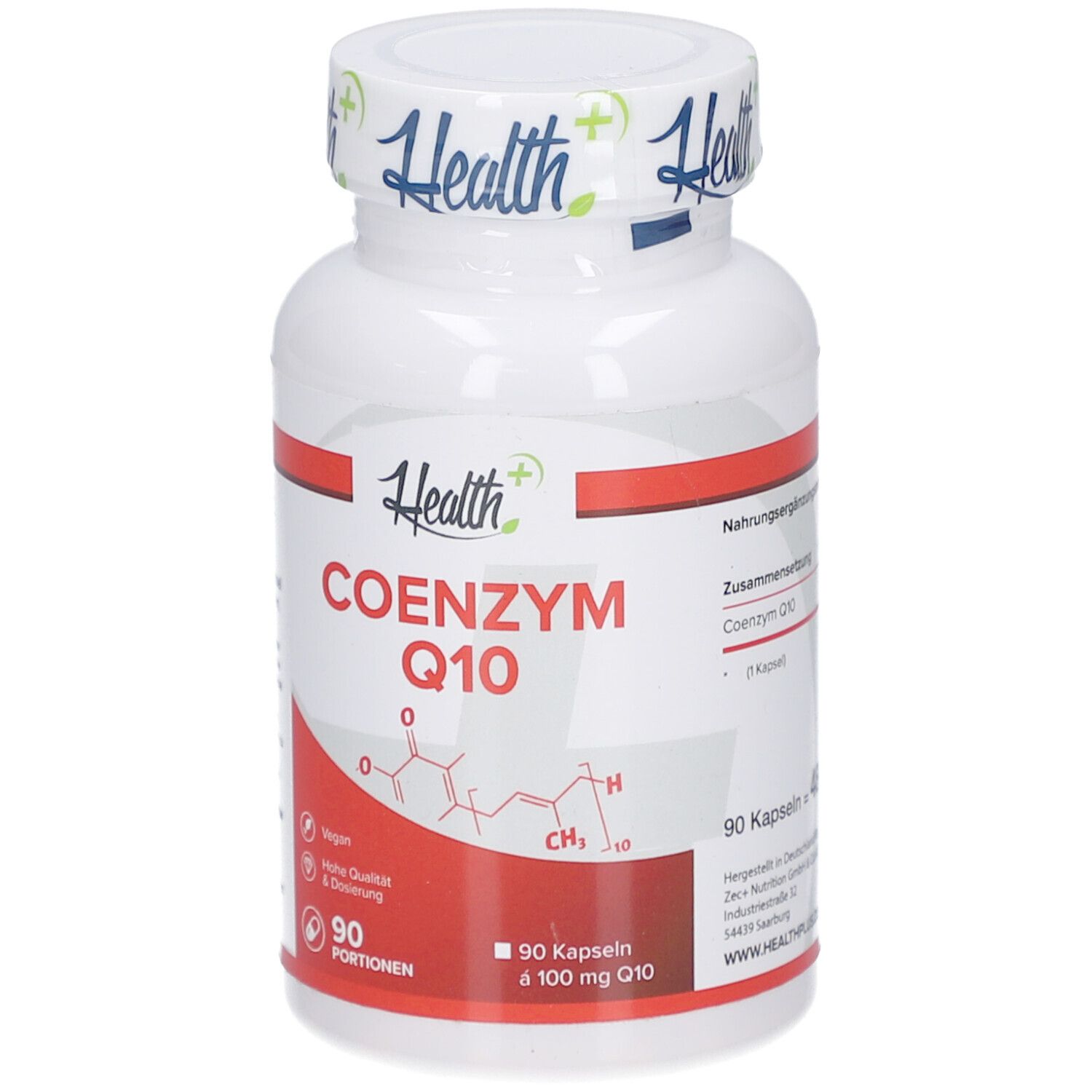 Weiße Flasche mit rotem Etikett. Aufschrift: Health+, Coenzym Q10. Enthält 90 Kapseln. Vegan. Mit Qualitätszeichen.