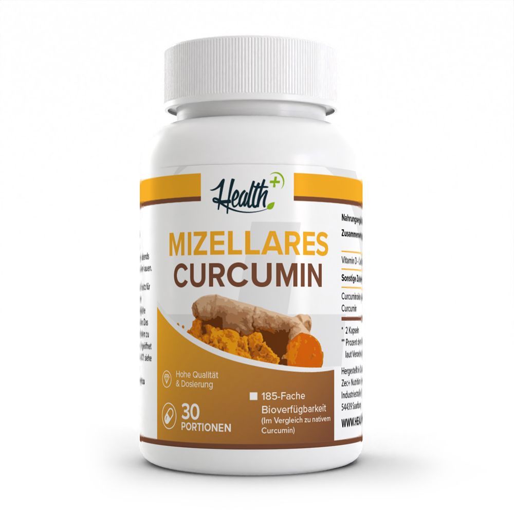 Contenant de gélules HEALTH+ Mizellares Curcumin avec image de curcuma et indication de dosage.