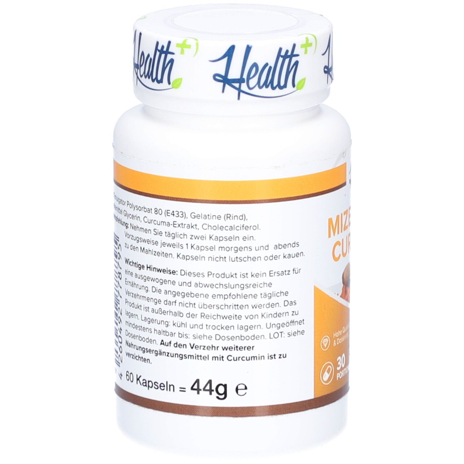 Dos du flacon blanc. Texte avec ingrédients et avertissements. 60 gélules = 44g.