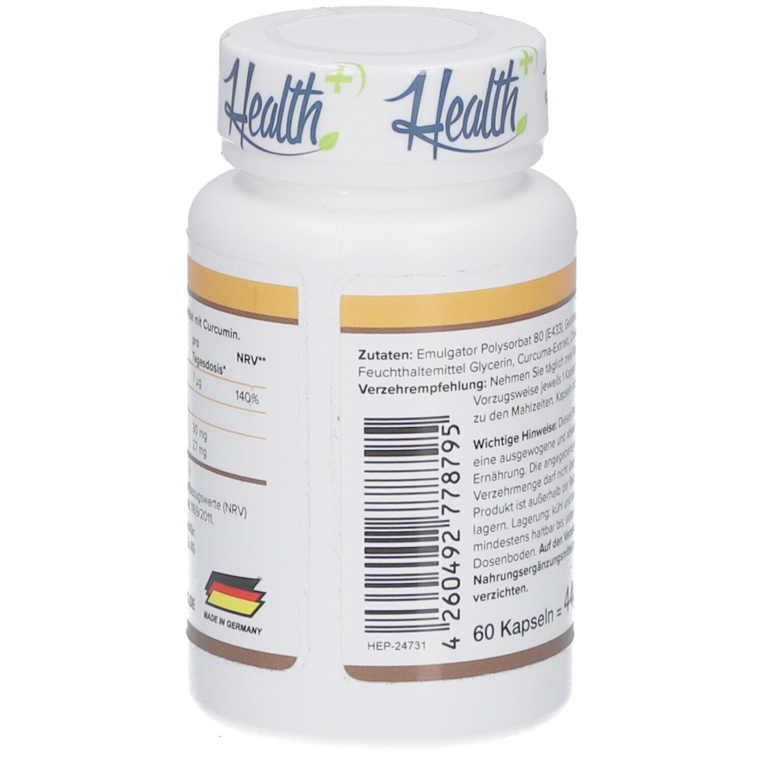 Dos du flacon blanc. Code-barres et texte avec ingrédients. Fabriqué en Allemagne.