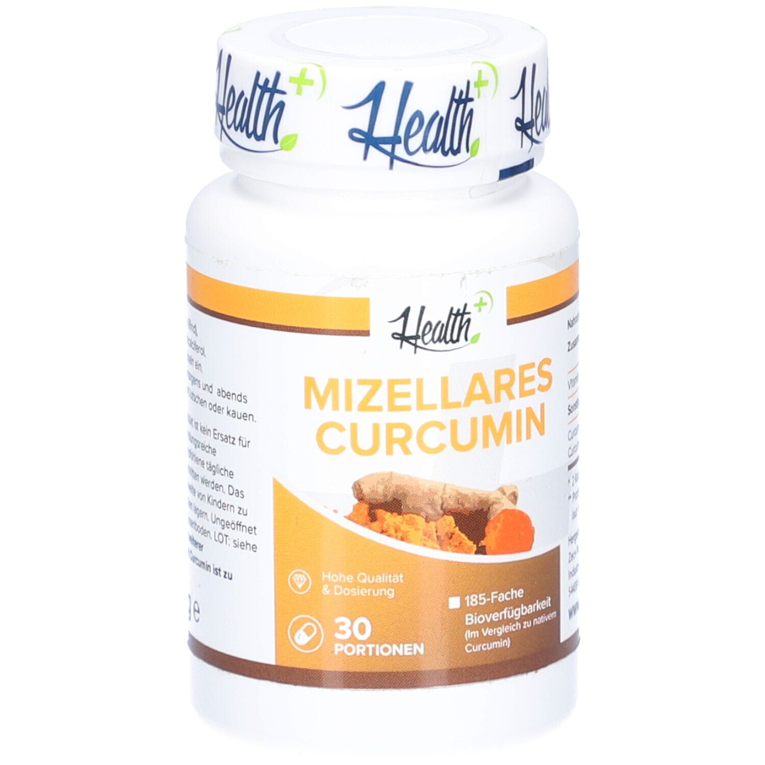 Flacon blanc avec accents orange. Inscription : HEALTH+ MIZELLARES CURCUMIN. Illustration de racines de curcuma. 30 portions.
