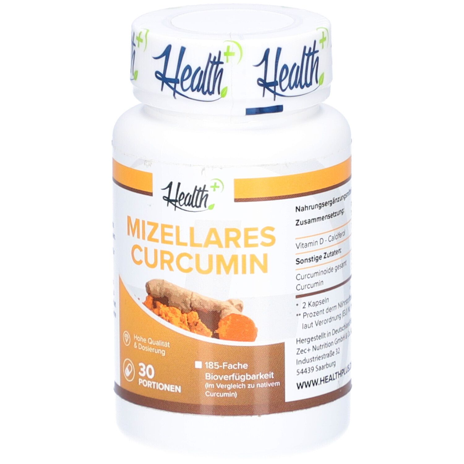 Flacon blanc avec accents orange. Inscription : HEALTH+ MIZELLARES CURCUMIN. Illustration de racines de curcuma. 30 portions.