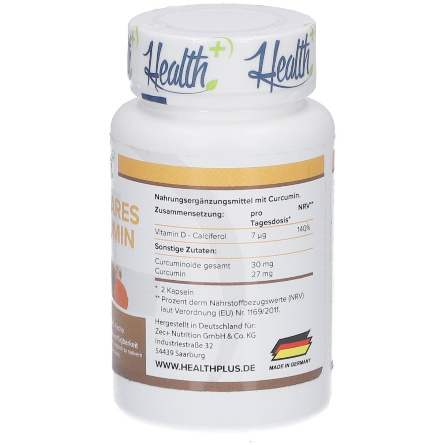 Dos du flacon blanc. Texte avec ingrédients et informations nutritionnelles. Fabriqué en Allemagne.