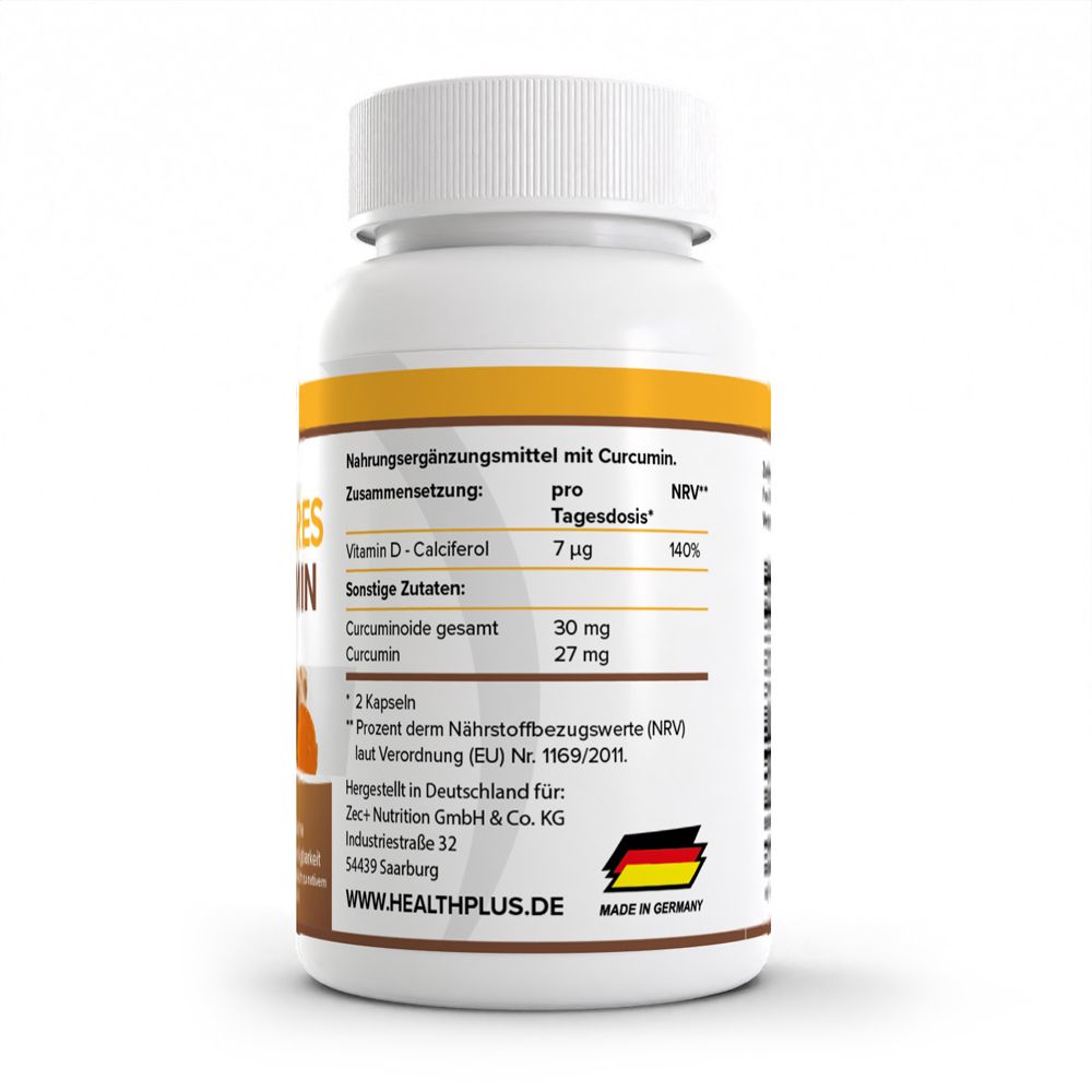 Arrière du contenant HEALTH+ Mizellares Curcumin avec informations nutritionnelles et lieu de fabrication.