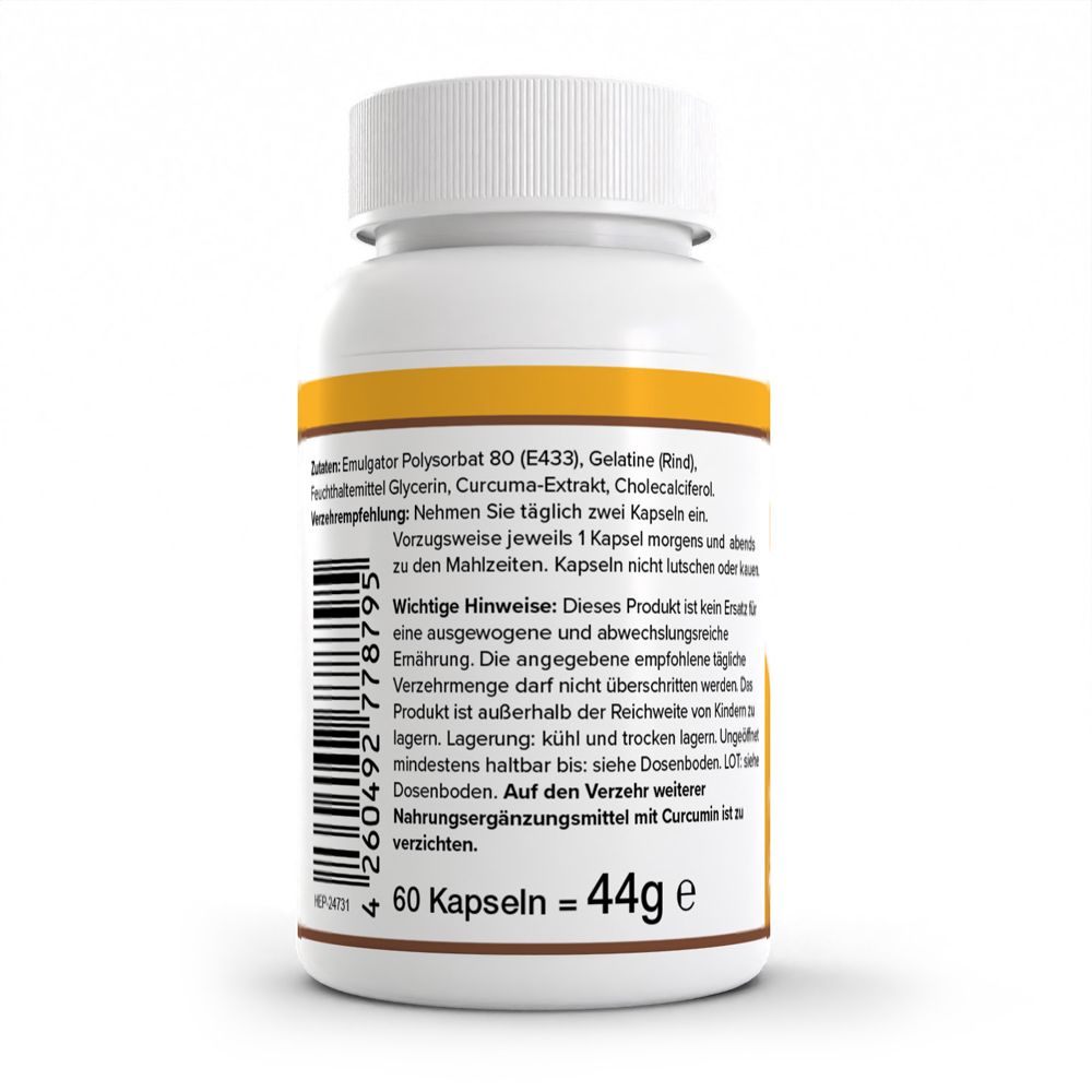 Arrière du contenant HEALTH+ Mizellares Curcumin avec liste des ingrédients et instructions de stockage.