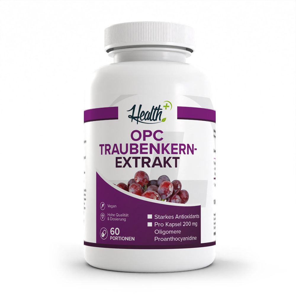 HEALTH+ OPC Traubenkern Extrakt Kapselbehälter mit 60 Portionen und Traubenabbildung.