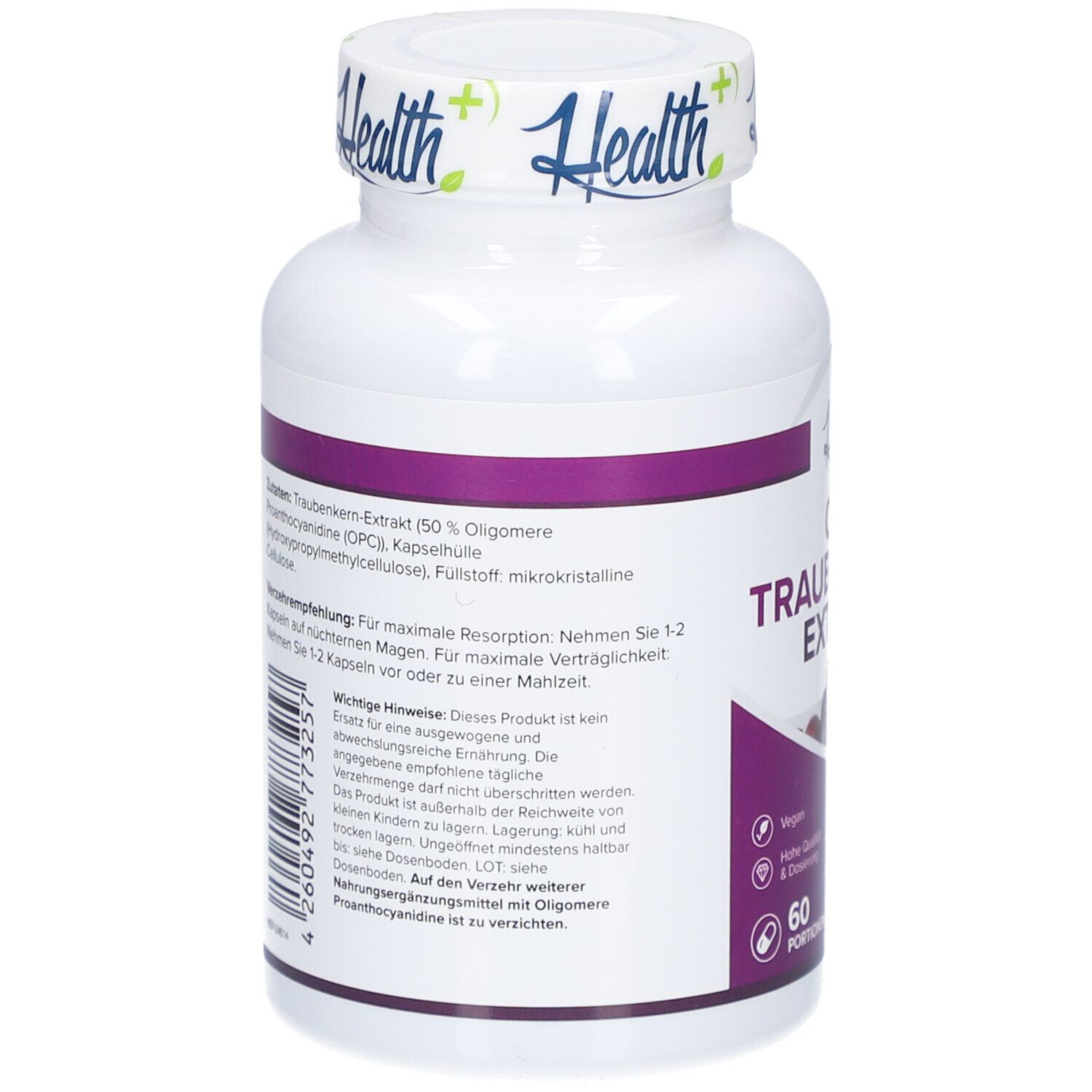 Dos du flacon blanc. Texte avec ingrédients et instructions d'utilisation. 60 portions. Code-barres.