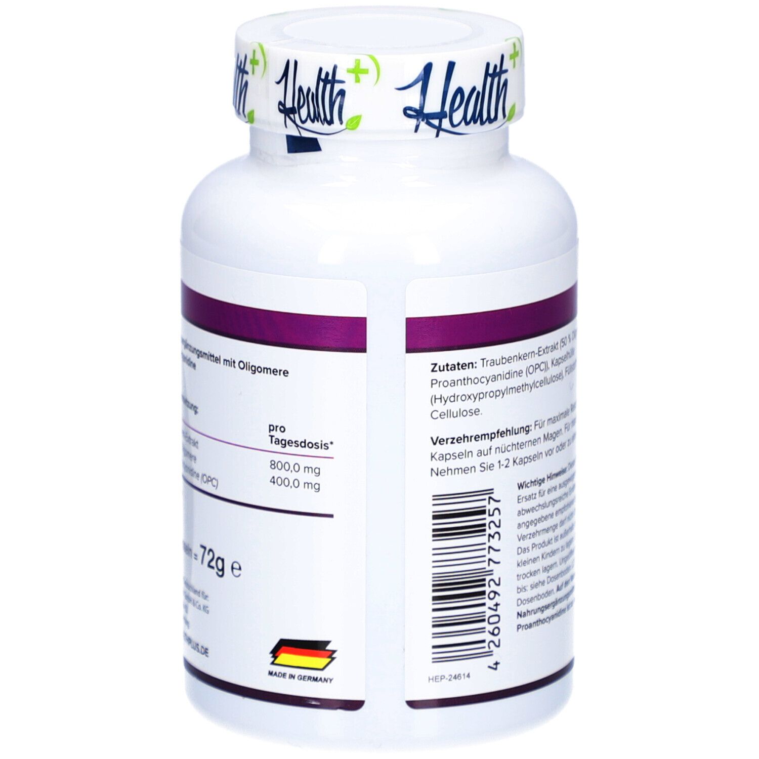 Dos du flacon blanc. Texte avec ingrédients et dosage. Fabriqué en Allemagne. 72g.