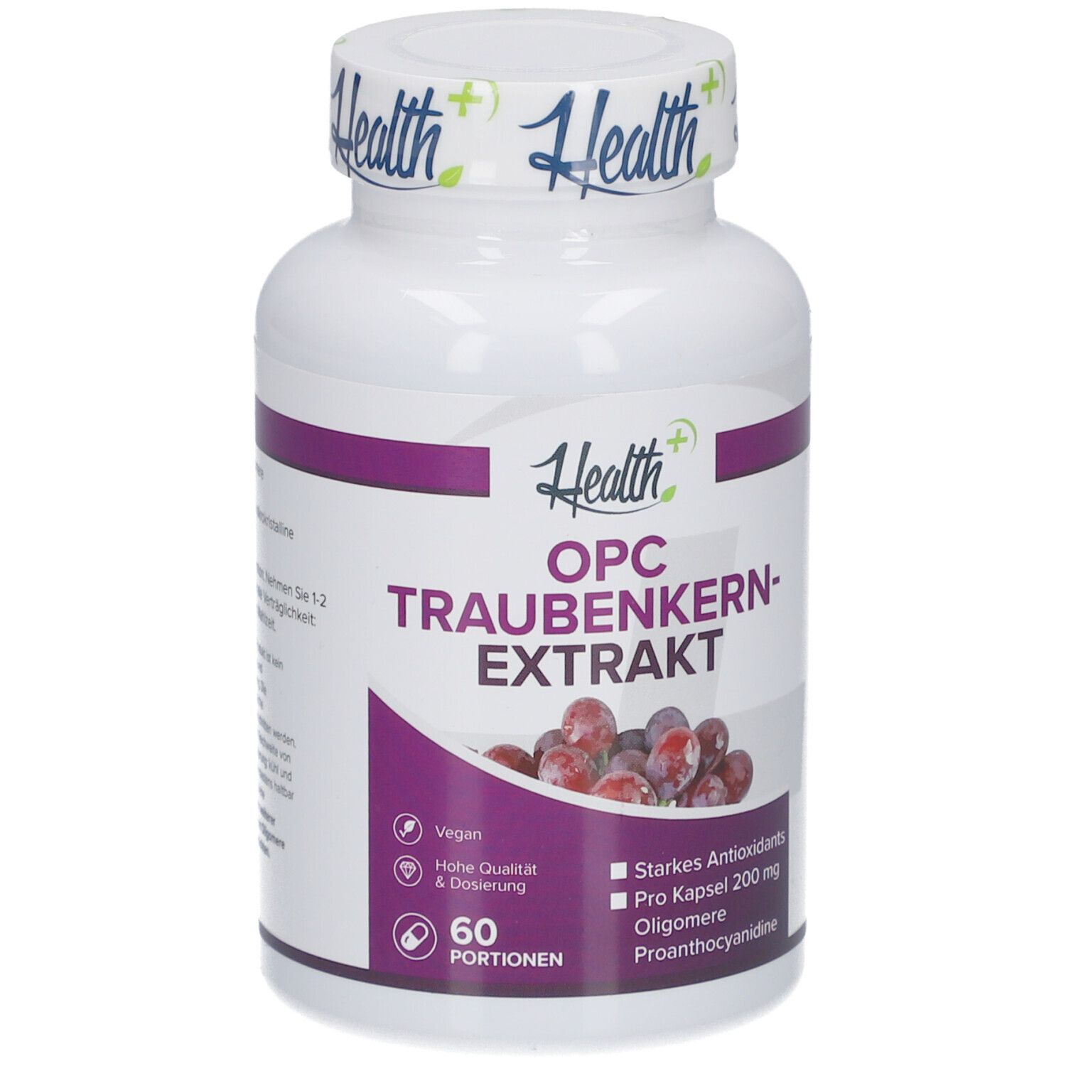 Flacon blanc avec étiquette violette. Inscription: OPC Extrait de pépins de raisin. 60 portions. Illustration de raisins.
