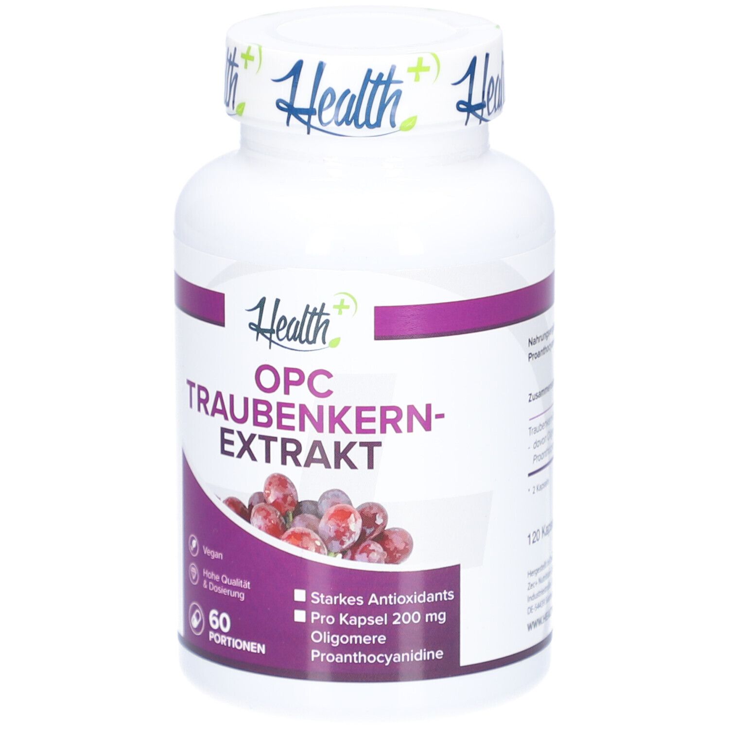 Flacon blanc avec étiquette violette. Inscription: OPC Extrait de pépins de raisin. 60 portions. Illustration de raisins.