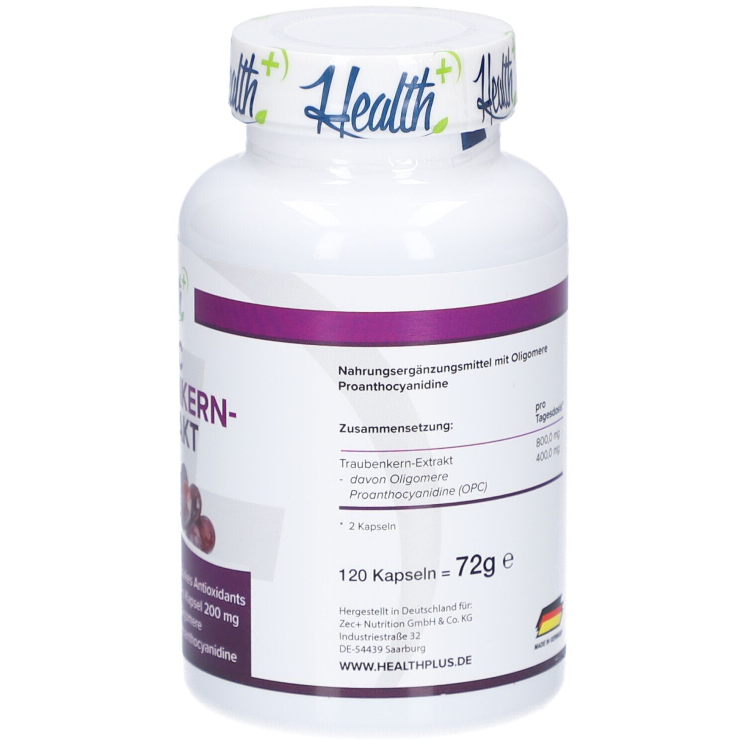 Flacon blanc avec étiquette violette. Inscription: OPC Extrait de pépins de raisin. 120 gélules. 72g. Fabriqué en Allemagne.