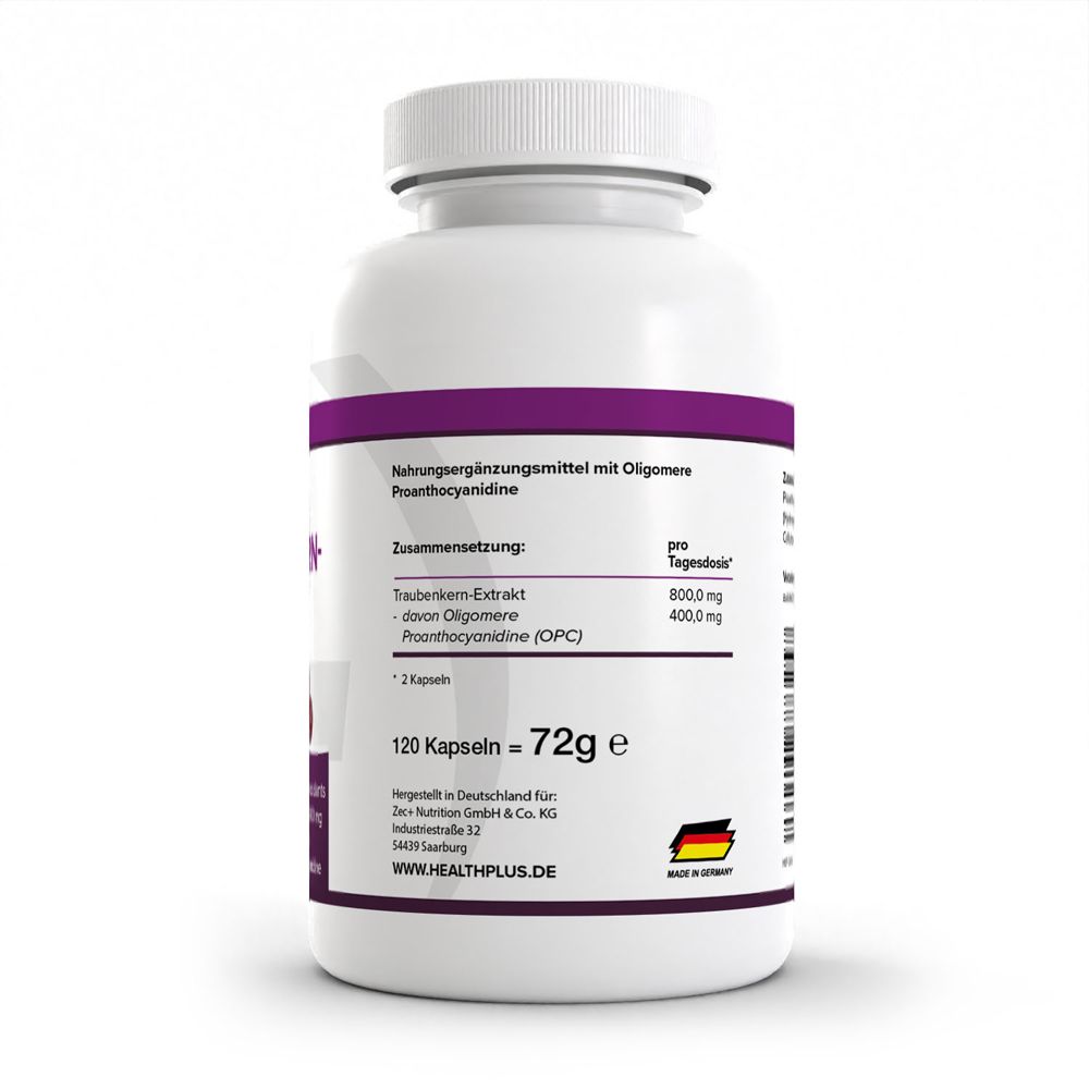 Rückseite eines HEALTH+ OPC Traubenkern Extrakt Behälters mit Nährwertangaben und 120 Kapseln.