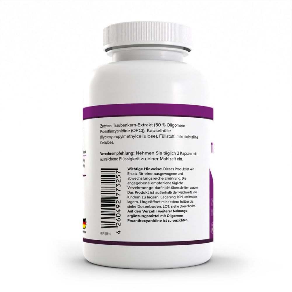 Seitenansicht eines HEALTH+ OPC Traubenkern Extrakt Behälters mit Zutatenliste und Barcode.