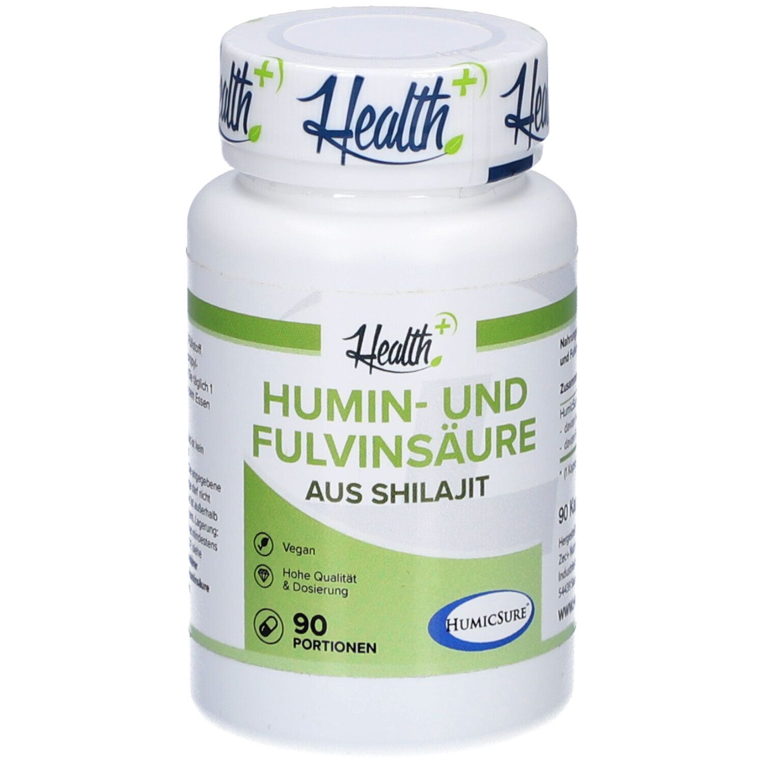 Flacon blanc avec étiquette verte. Inscription: Acide humique et fulvique de Shilajit. 90 portions. Végétalien.