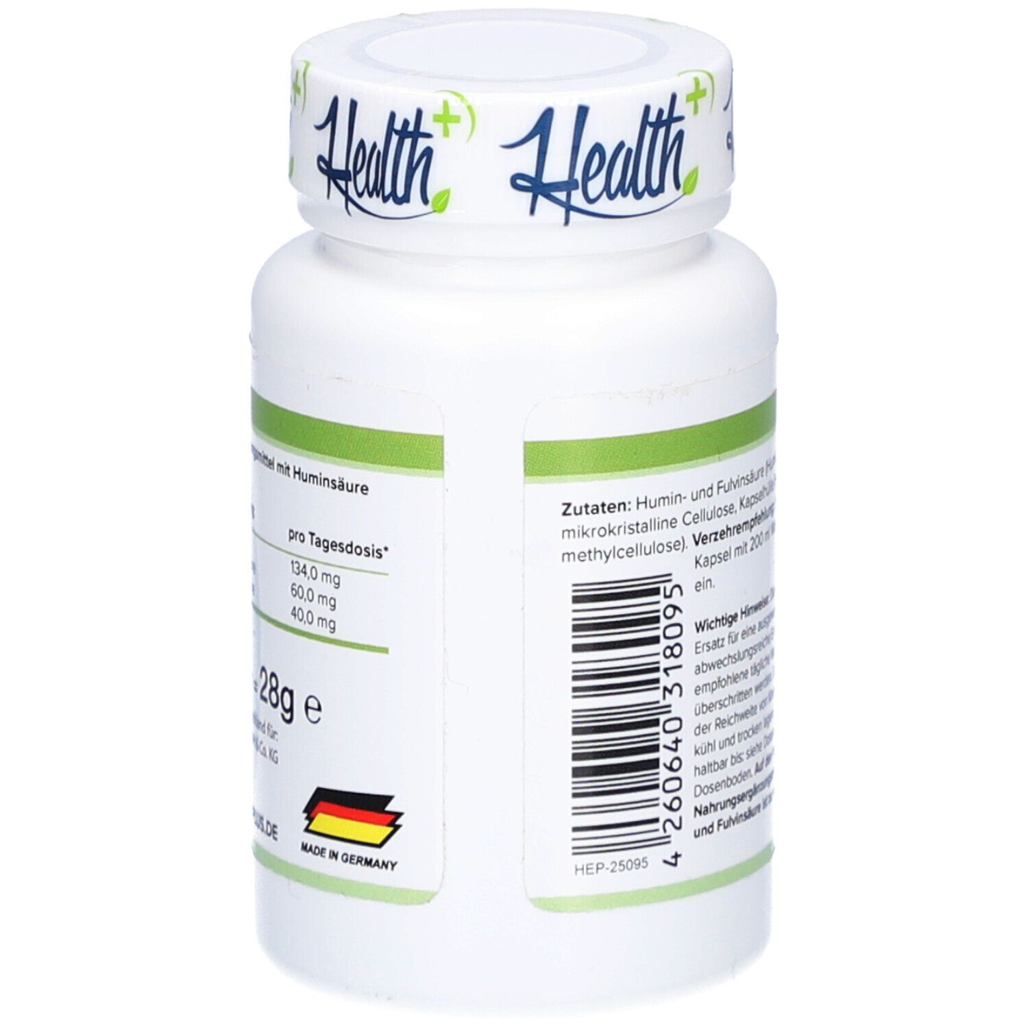 Dos du flacon blanc. Texte: Ingrédients, informations nutritionnelles, 28g. Fabriqué en Allemagne. Code-barres.