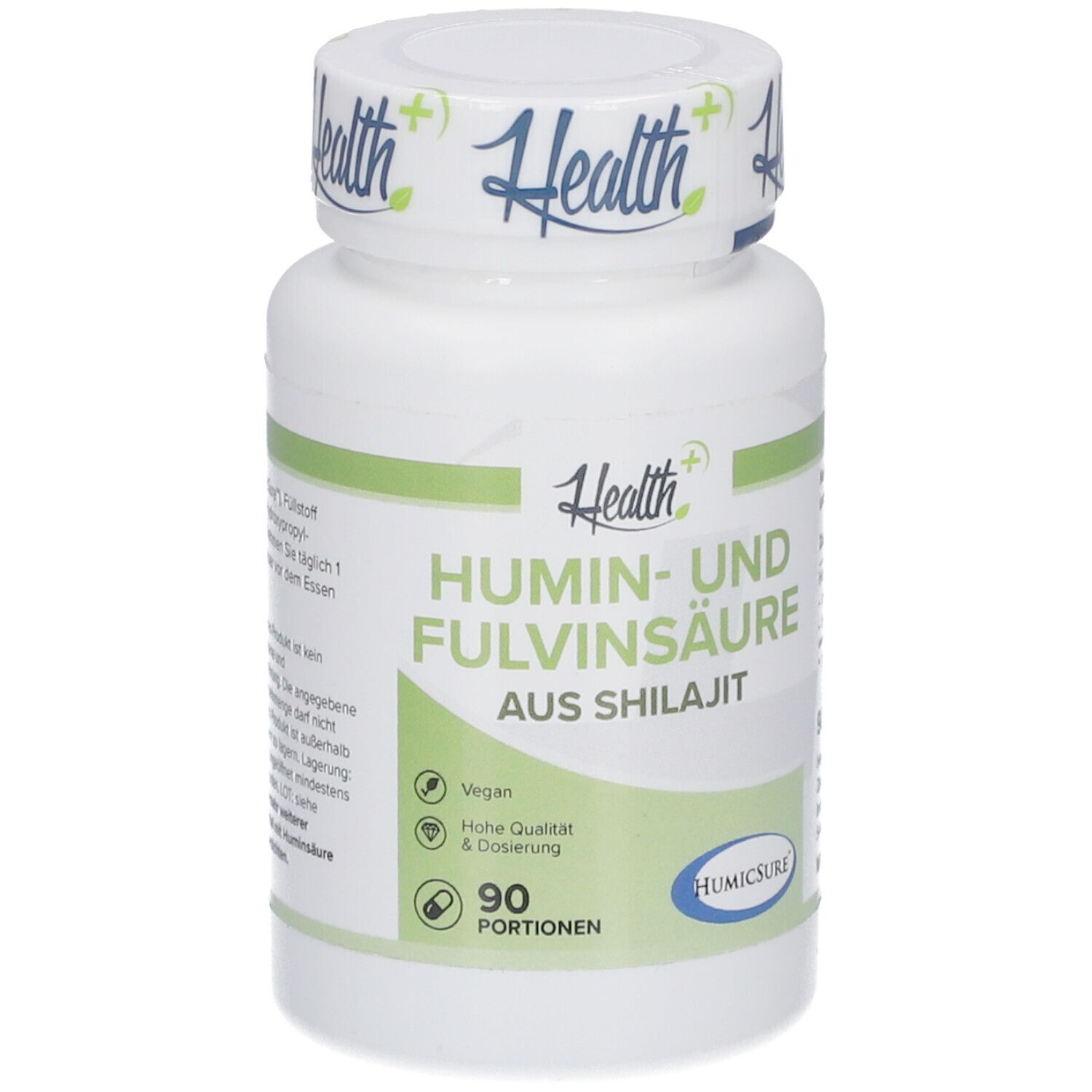 Flacon blanc avec étiquette verte. Inscription: Acide humique et fulvique de Shilajit. 90 portions. Végétalien.