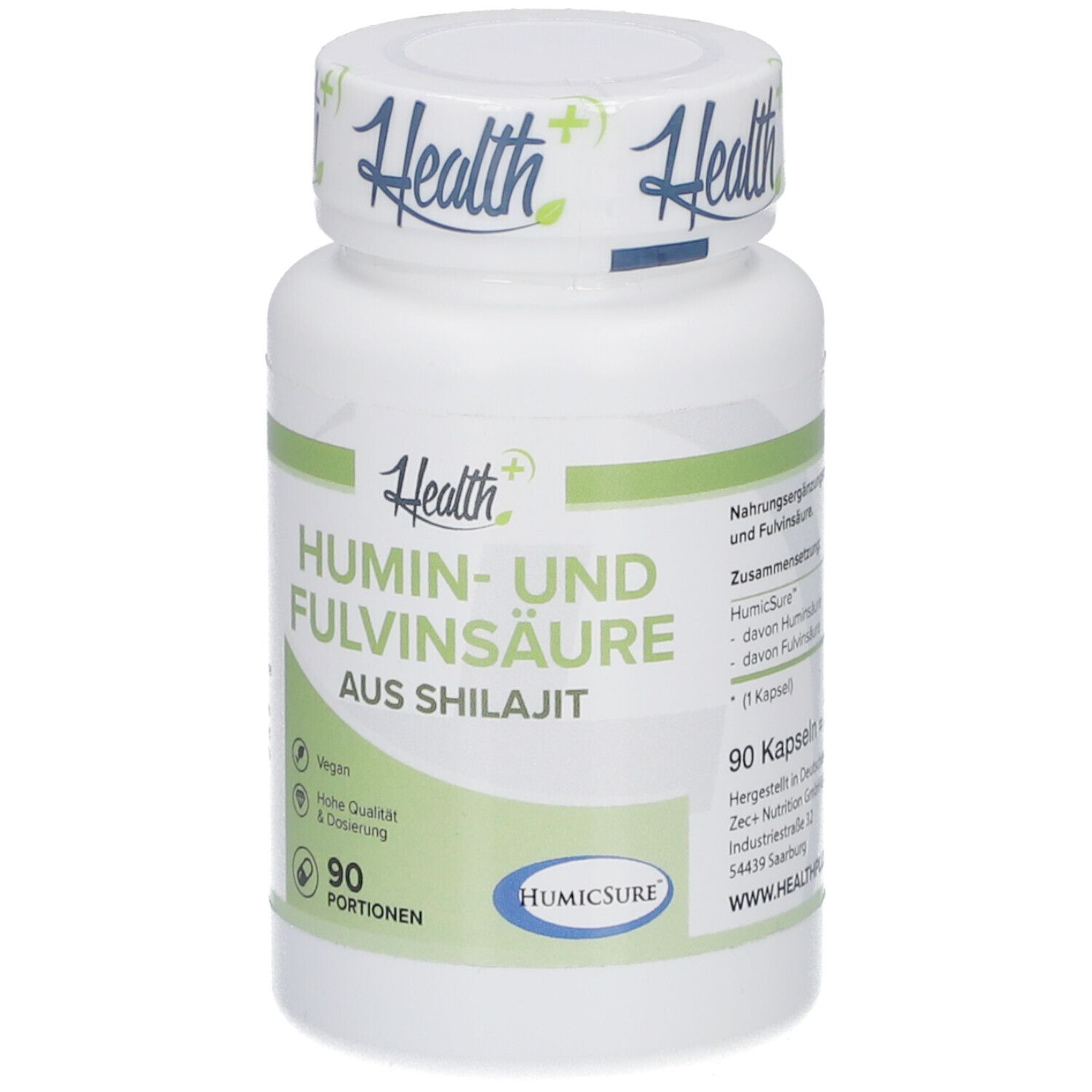 Flacon blanc avec étiquette verte. Inscription: Acide humique et fulvique de Shilajit. 90 gélules. Humicsure.