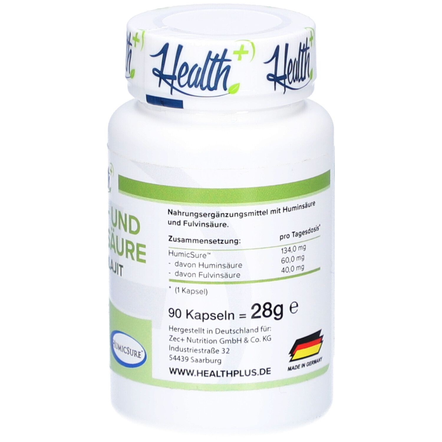 Dos du flacon blanc. Texte: Informations nutritionnelles, 28g, 90 gélules. Fabriqué en Allemagne. Code-barres.