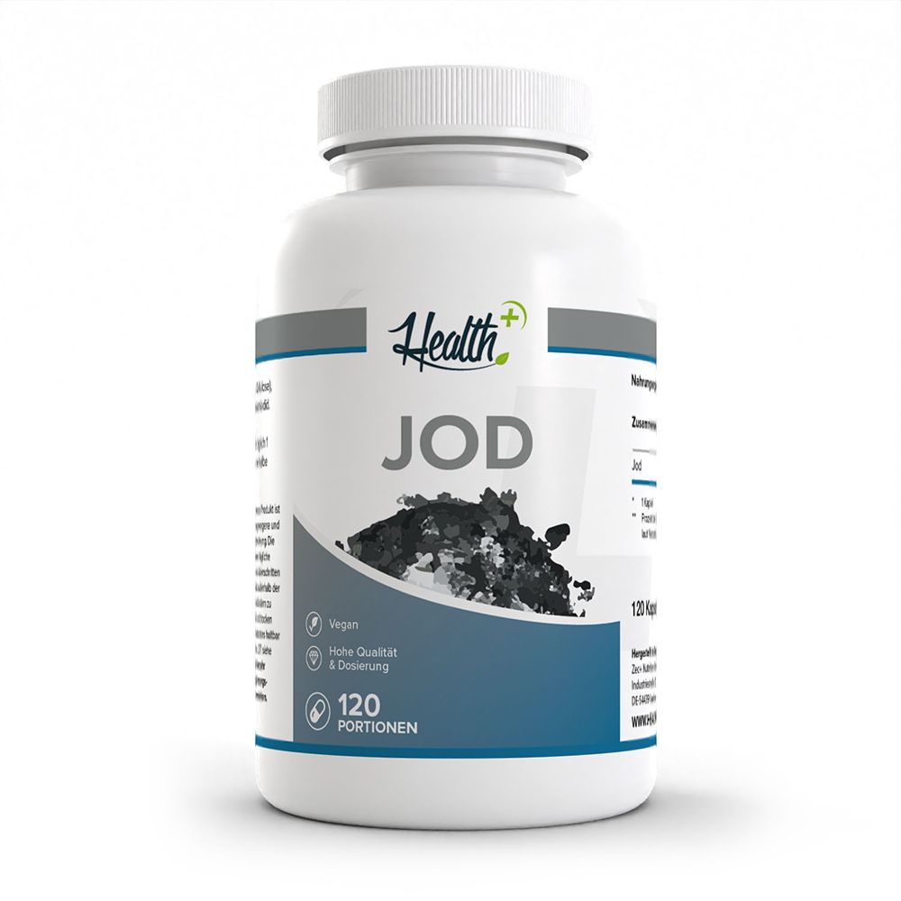 Contenant de gélules HEALTH+ JOD, 120 portions, vegan, haute qualité & dosage.