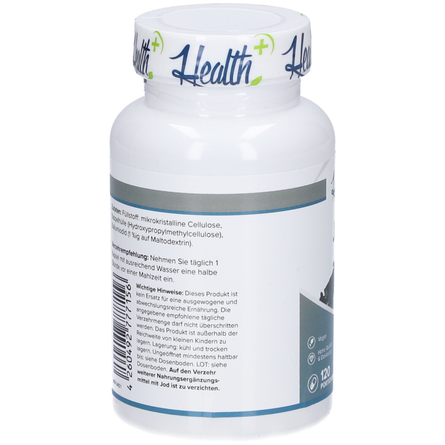 Rückseite der weißen Flasche. Text mit Inhaltsstoffen und Verzehrempfehlung. 120 Portionen. Vegan.