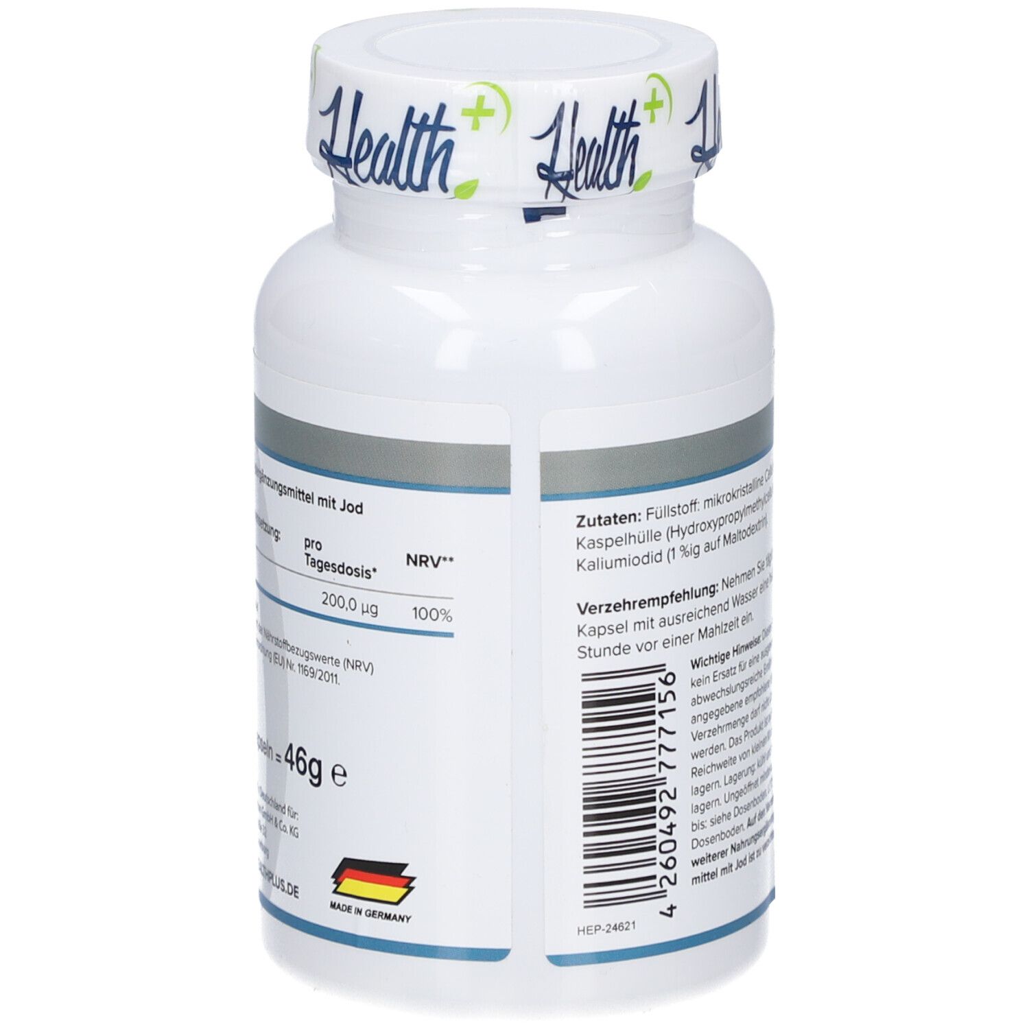 Rückseite der weißen Flasche. Text mit Nährwertangaben und Inhaltsstoffen. 46g. Hergestellt in Deutschland.