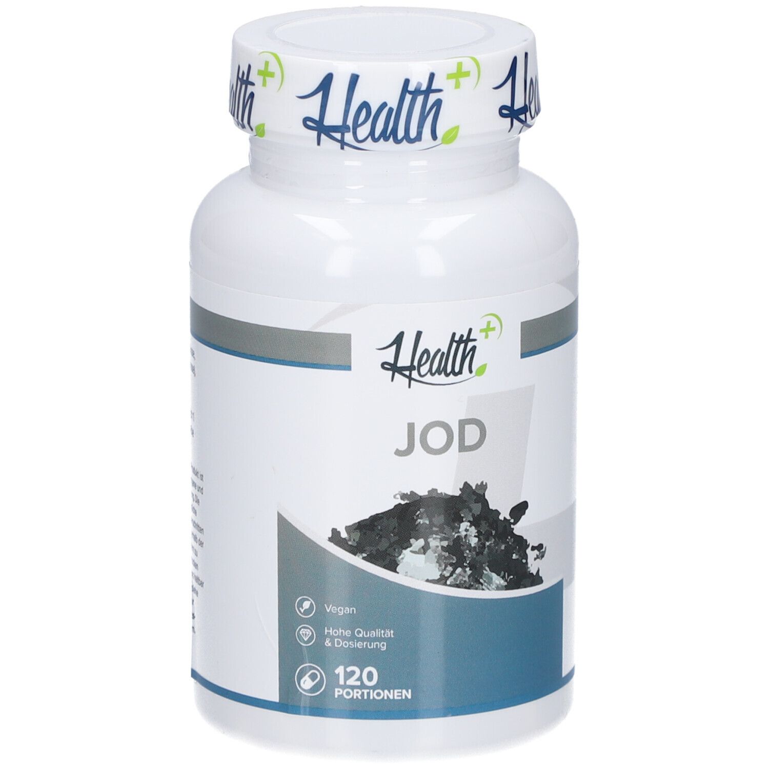 Weiße Flasche mit blauem Etikett. Aufschrift "Health+ JOD". 120 Portionen. Vegan. Hochwertig.
