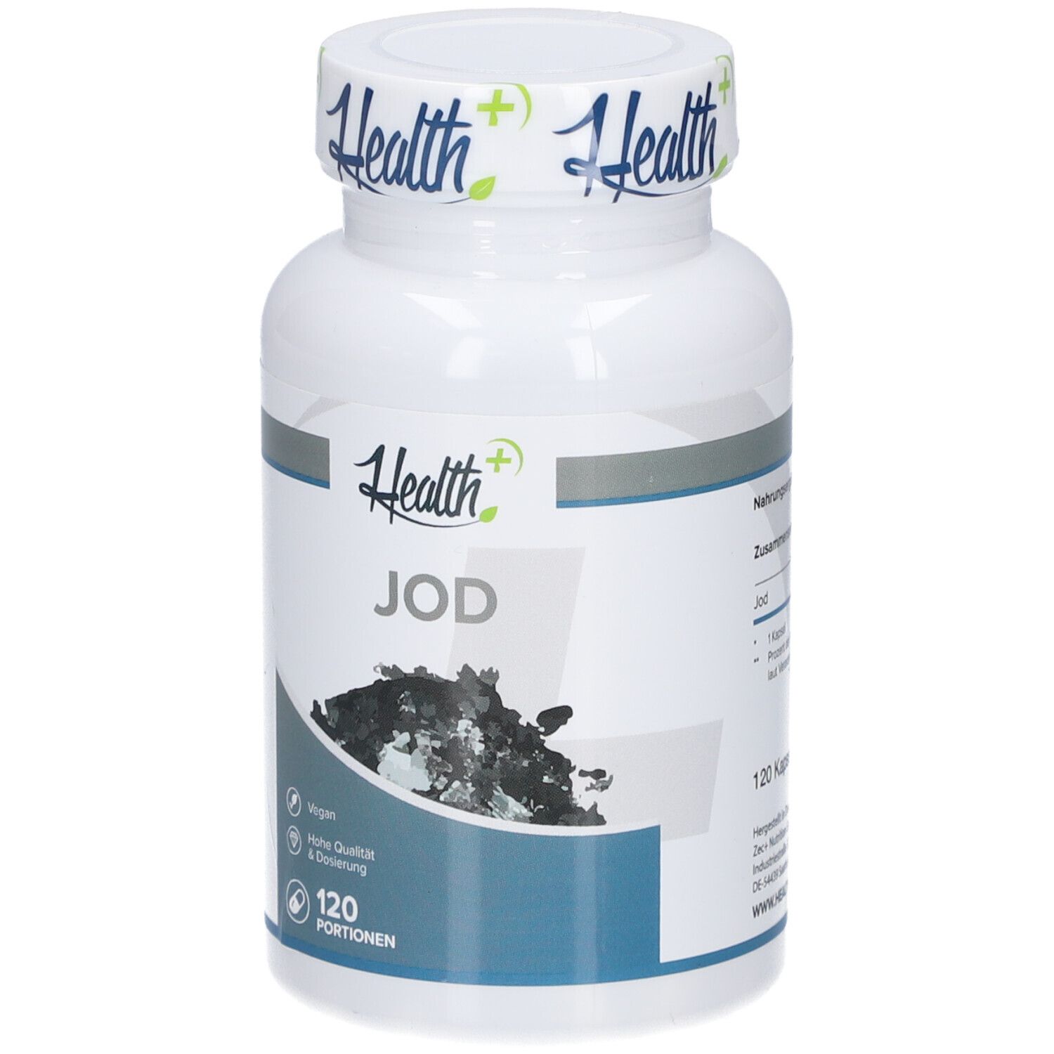 Weiße Flasche mit blauem Etikett. Aufschrift "Health+ JOD". 120 Portionen. Vegan. Hochwertig.
