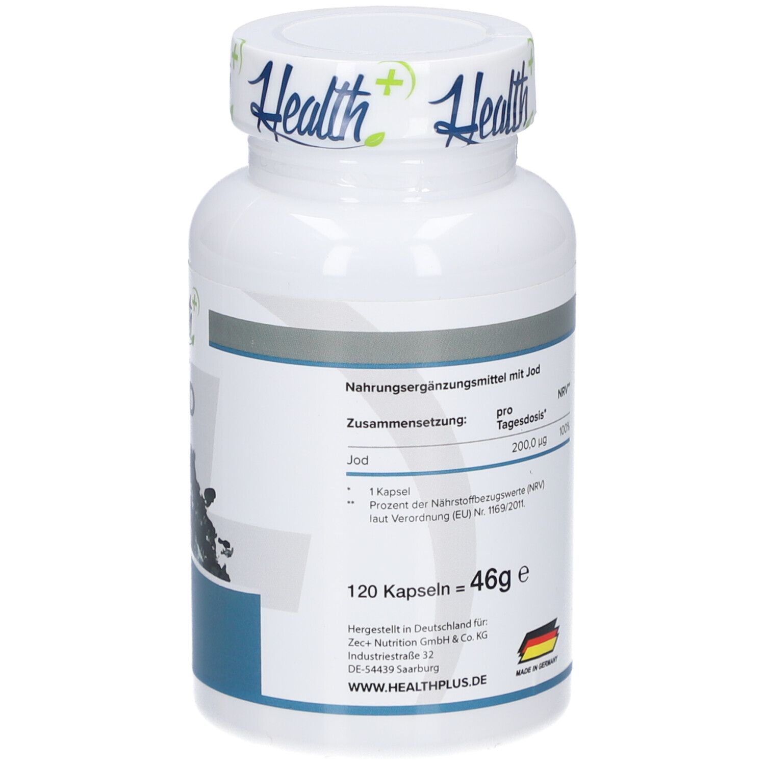 Rückseite der weißen Flasche. Text mit Nährwertangaben und Inhaltsstoffen. 46g. Hergestellt in Deutschland.