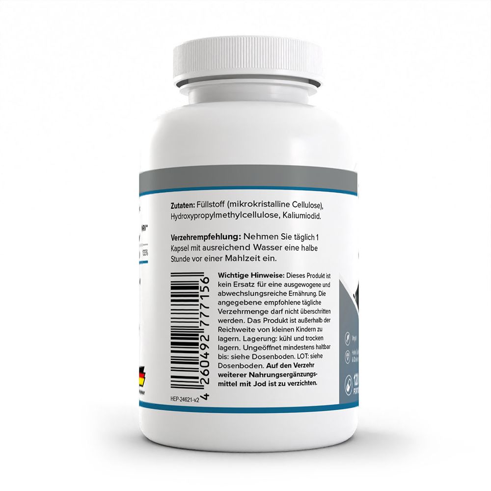 Dos du contenant de gélules HEALTH+ JOD avec ingrédients, recommandation de consommation et notes importantes.