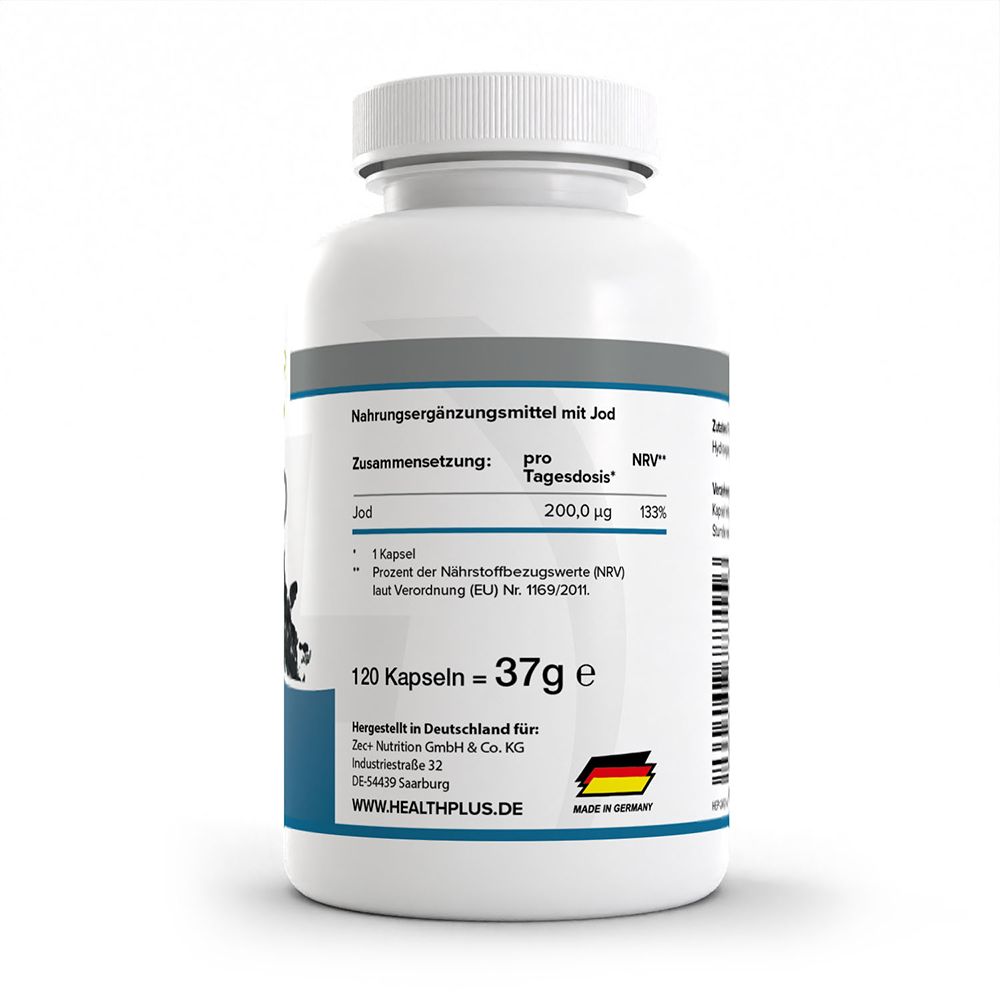 Dos du contenant de gélules HEALTH+ JOD avec informations nutritionnelles, 120 gélules = 36g e, fabriqué en Allemagne.