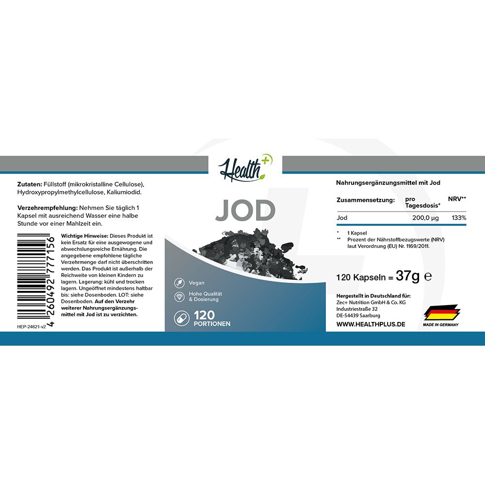 Contenant de gélules HEALTH+ JOD avec étiquette indiquant vegan, haute qualité & dosage, 120 portions.