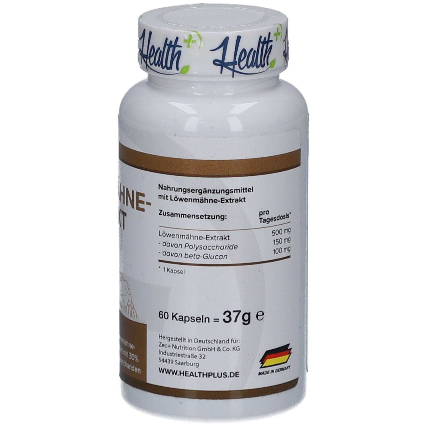 Weiße Flasche mit braunem Etikett. Aufschrift: HEALTH+ LÖWENMÄHNE-EXTRAKT. 60 Kapseln, 37g. Made in Germany. Inhaltsstoffe.