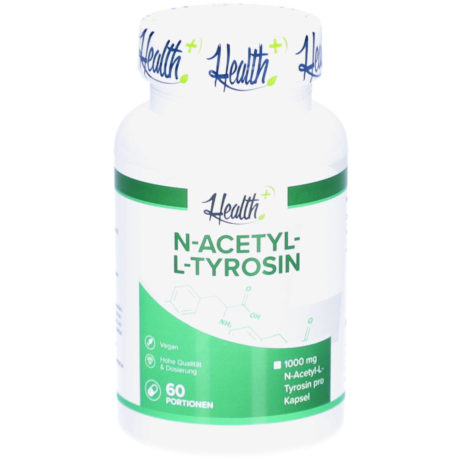 Flacon blanc avec étiquette verte. Inscription : N-ACETYL-L-TYROSIN. Contient 60 portions. 1000 mg N-Acetyl-L-Tyrosine par gélule.