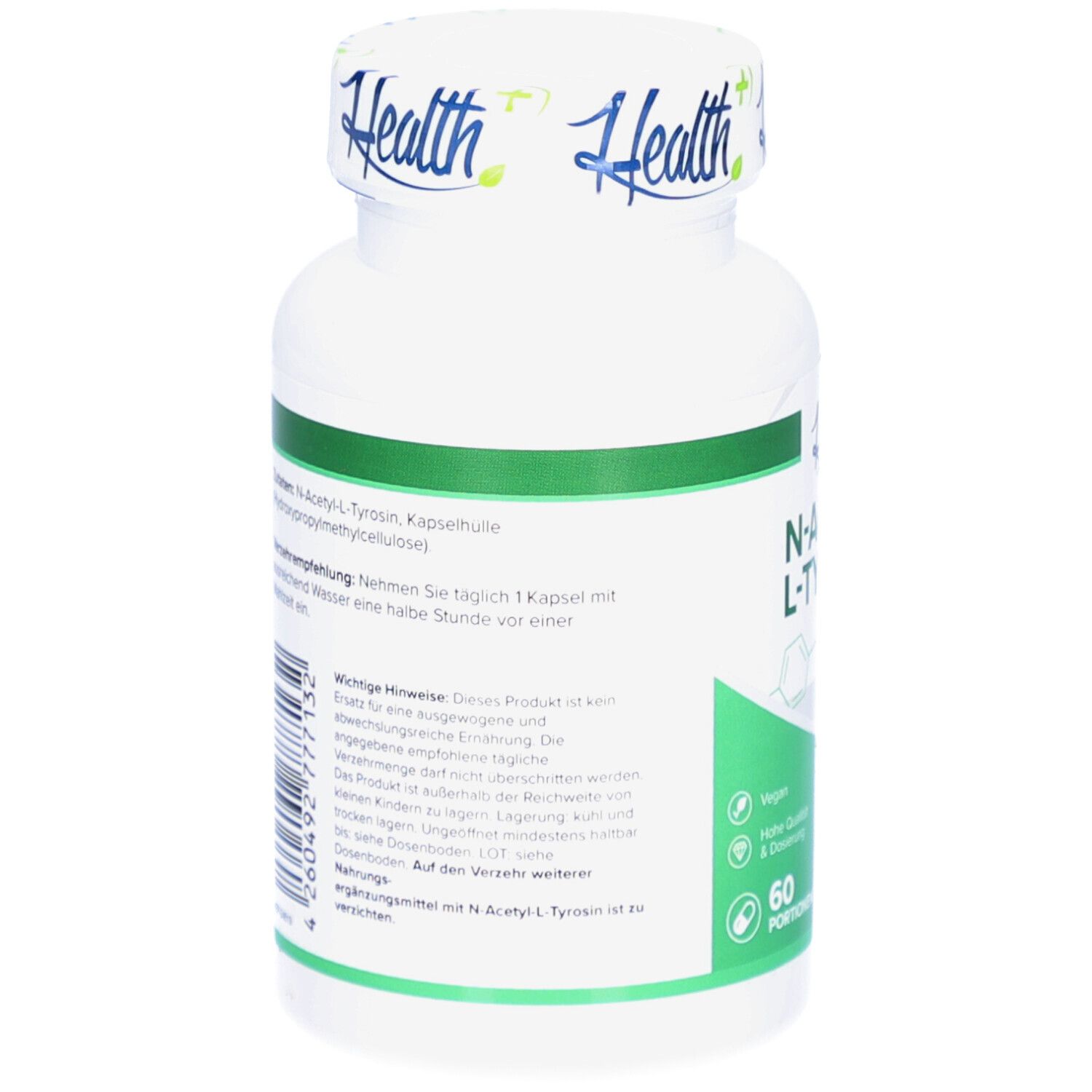 Dos du flacon blanc avec étiquette verte. Texte : N-Acetyl-L-Tyrosine, enveloppe de la gélule, hydroxypropylméthylcellulose. 60 portions.