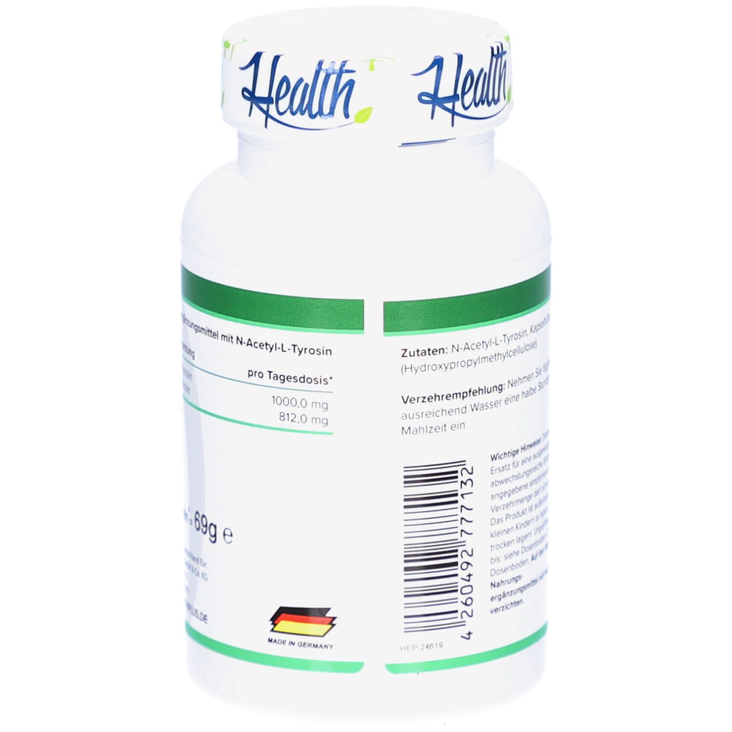Dos du flacon blanc avec étiquette verte. Ingrédients : N-Acétyl-L-Tyrosine. Fabriqué en Allemagne. 60 portions.