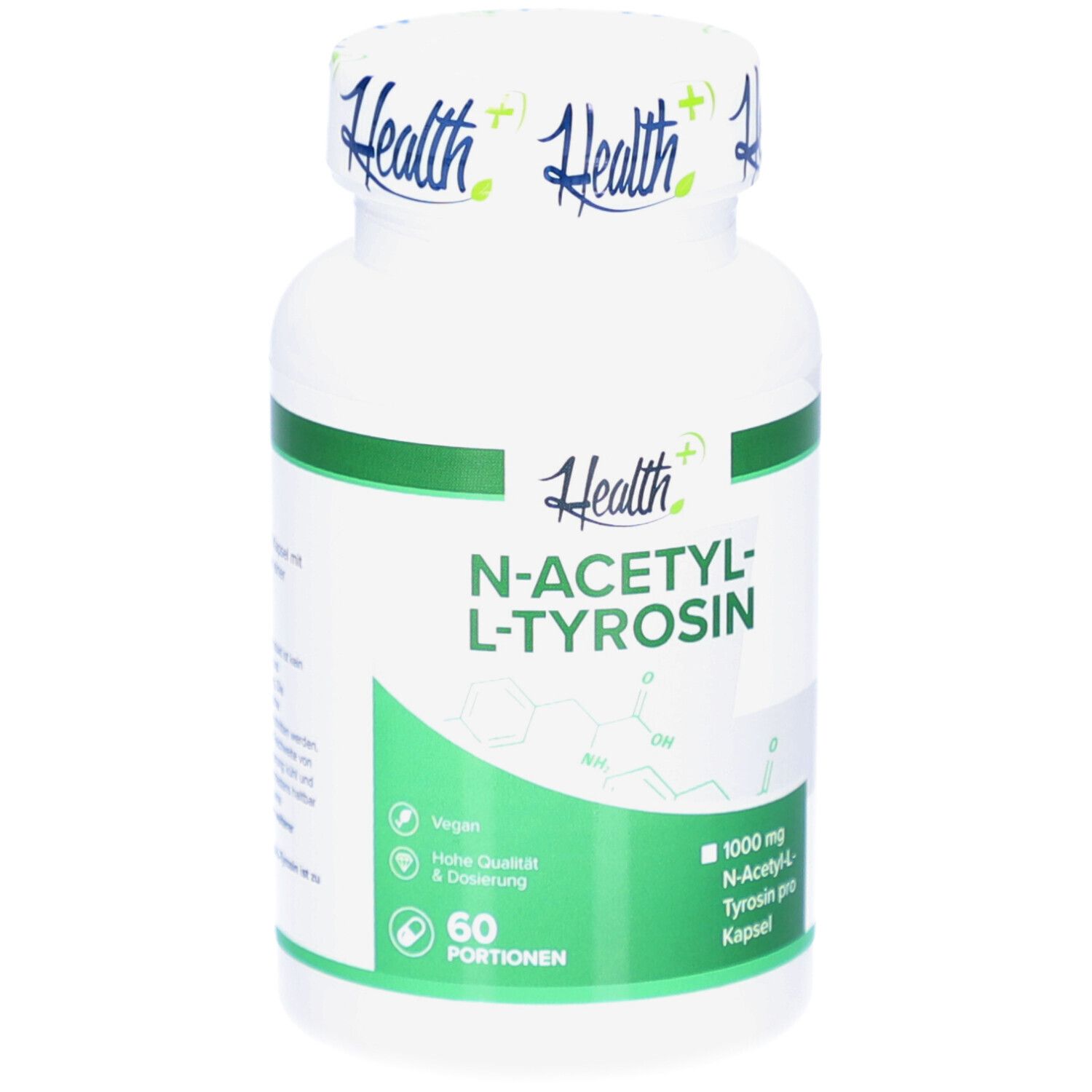 Flacon blanc avec étiquette verte. Inscription : N-ACETYL-L-TYROSIN. Contient 60 portions. 1000 mg N-Acetyl-L-Tyrosine par gélule.