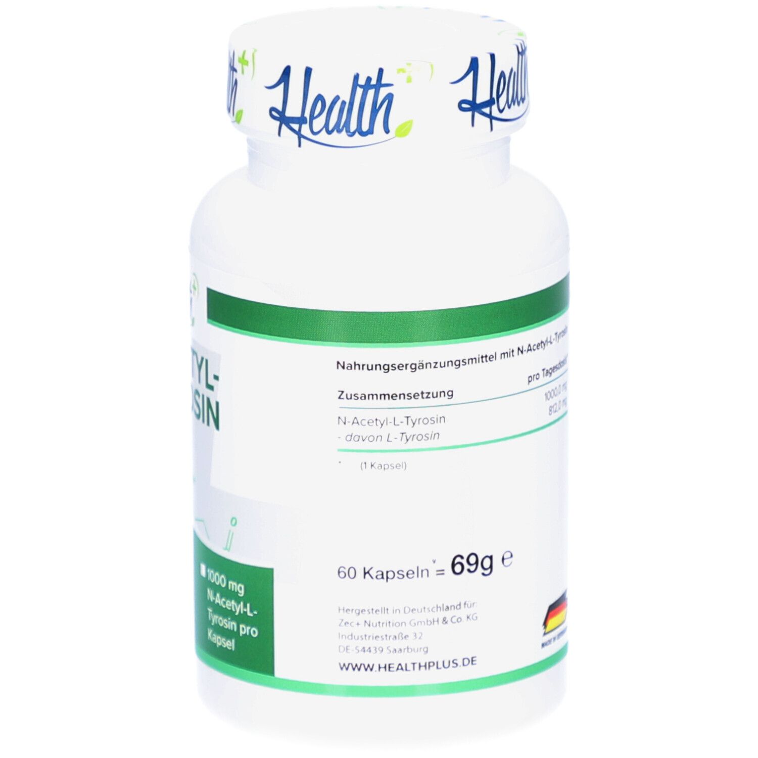 Flacon blanc avec étiquette verte. Inscription : N-ACETYL-L-TYROSIN. Contient 60 gélules. 69g. Fabriqué en Allemagne.